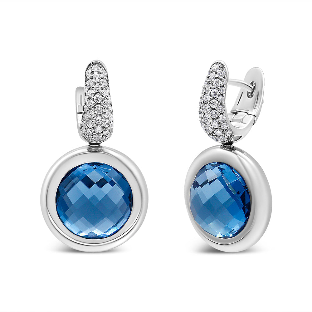 18K White Gold Bezel Set 11mm Blue Topaz and 1/2 Cttw Invisible Set Diamond Bale Dangle Earrings (F-G Color, VS1-VS2 Clarity)-1