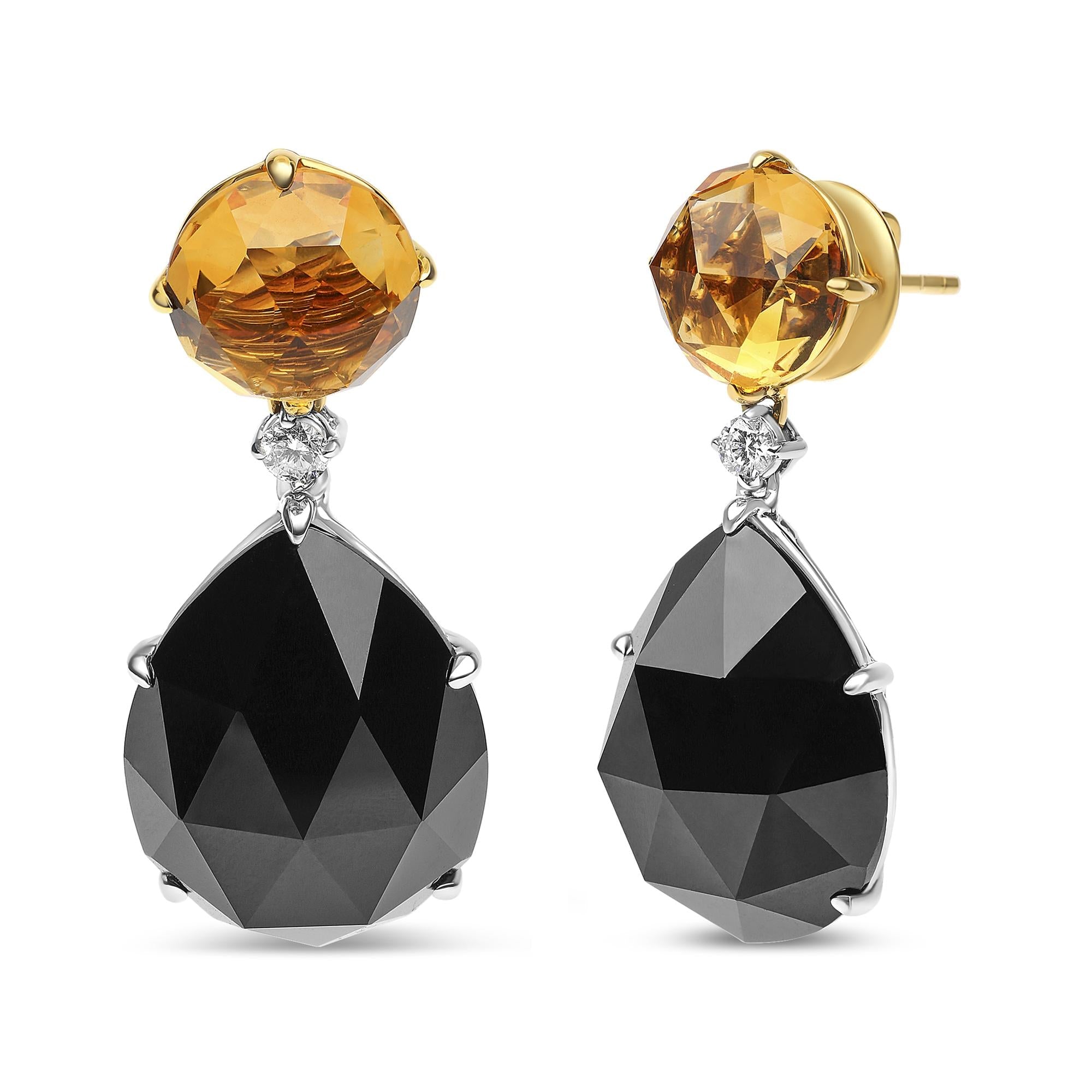 18K White and Yellow Gold 1/5 Cttw Diamond with Round Yellow Citrine and 20x15mm Pear Cut Black Onyx Gemstone Dangle Earring (G-H Color, SI1-SI2 Clarity)-1