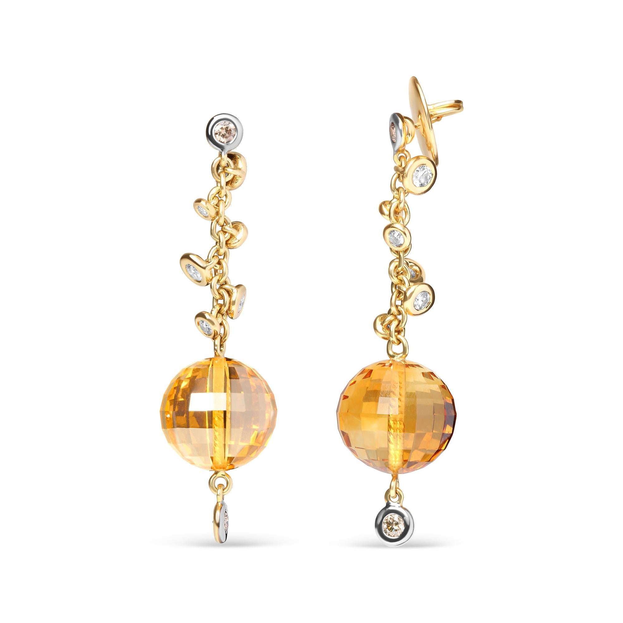 18K Yellow Gold 2/3 Cttw Round Bezel Diamond and 25mm Ball Shaped Yellow Citrine Gemstone Dangle Stud Earring (Brown and G-H Color, SI1-SI2 Clarity)-1