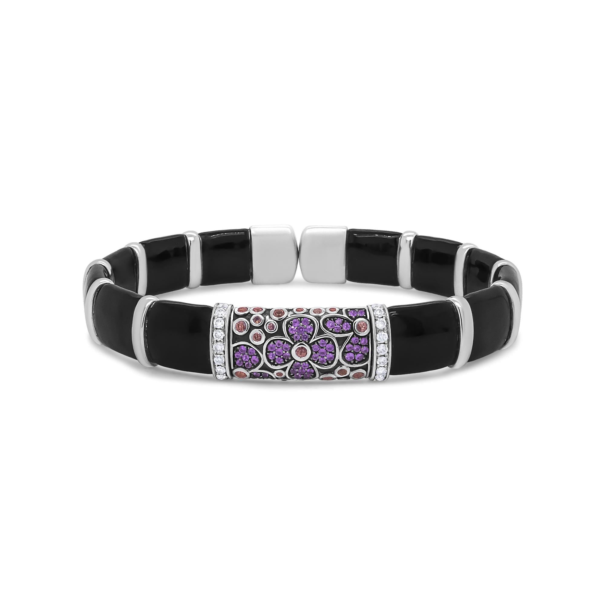 .925 Sterling Silver Black and Brown Enamel 1/3 Cttw Round Diamonds and Pink and Orange Sapphire Gemstones Floral Statement Bangle Bracelet (F-G Color, VS1-VS2 Clarity) - Size 7.75"-1
