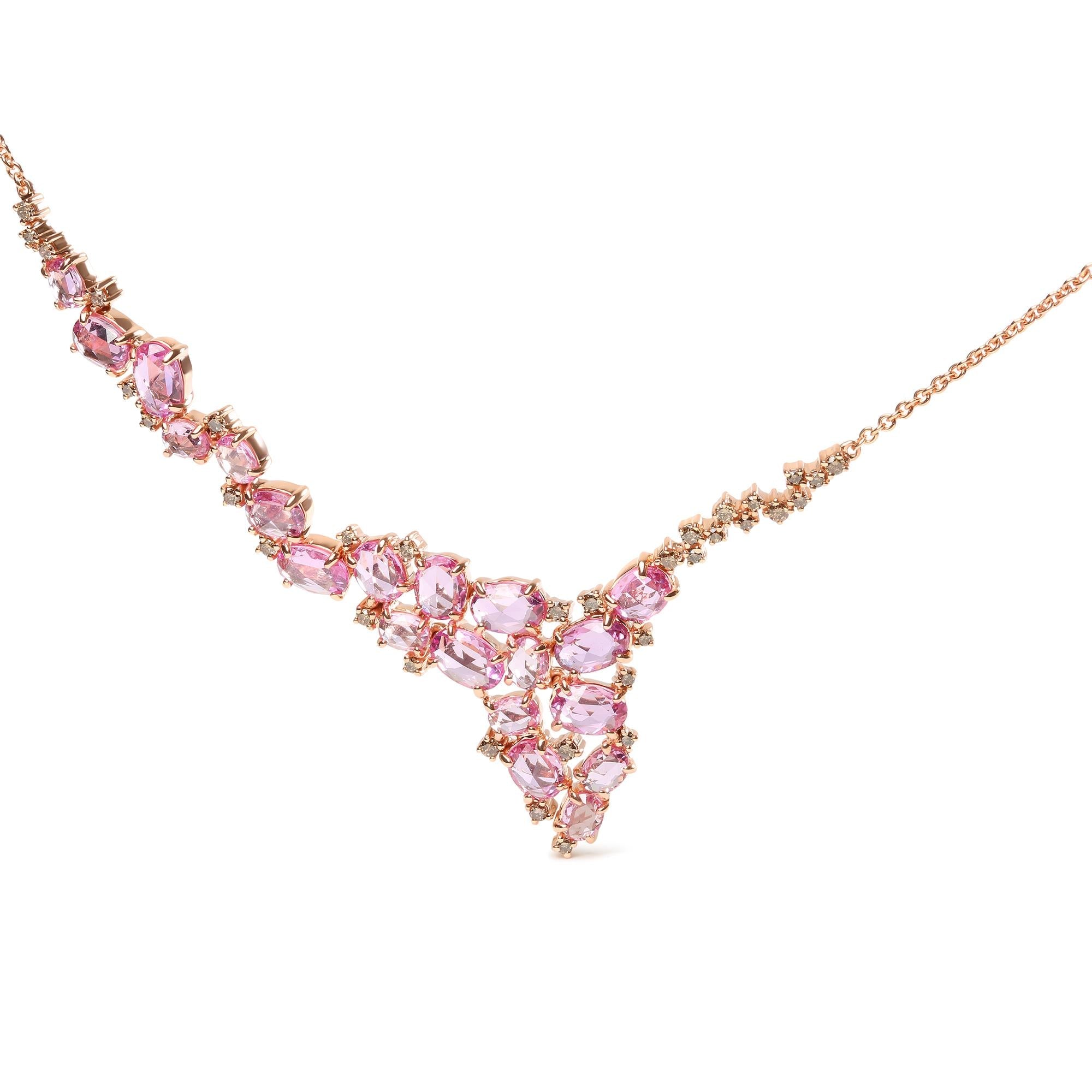 18K Rose Gold 1/2 Cttw Brown Diamond and Multi-Size Oval Pink Sapphire Cluster Cascade Statement Station Necklace (Brown Color, SI1-SI2 Clarity) - Adjustable up to 14" to 16"-1