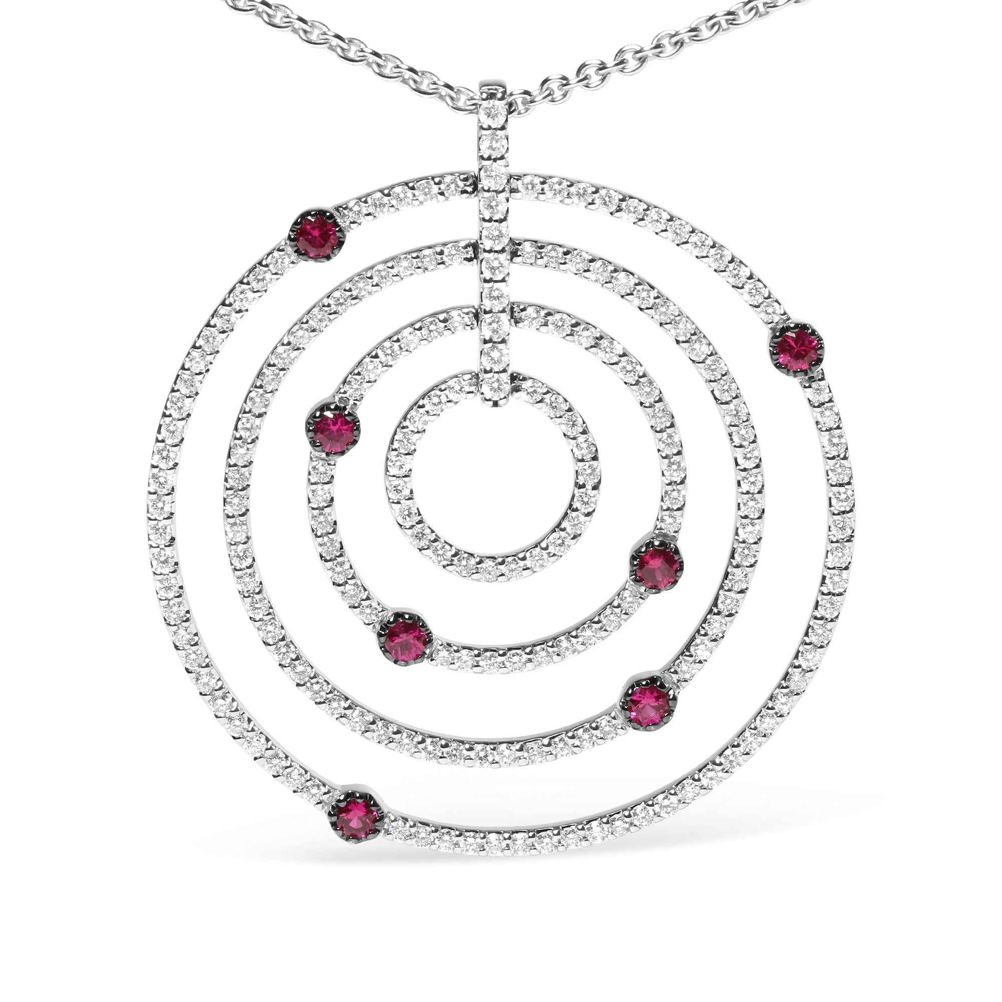 18K White Gold 2 1/6 Cttw Pave Set Diamonds and Red Ruby Openwork Circles 18" Pendant Necklace  (G-H Color, SI2-I1 Clarity) - Adjustable up to 16" - 18"-1