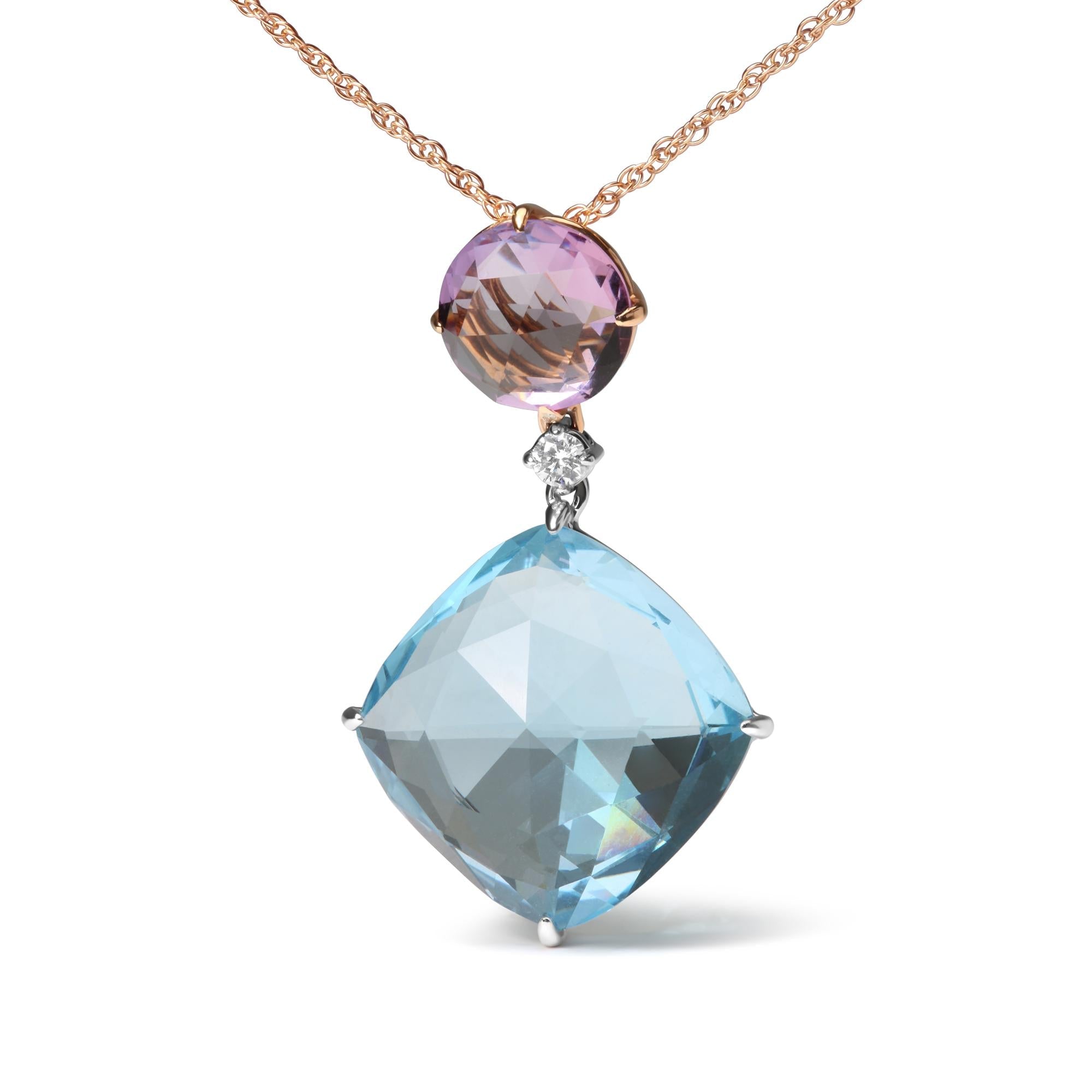 18K White and Rose Gold Round Diamond Accent and Round Rose De France Pink Amethyst and Cushion Cut Sky Blue Topaz Dangle Drop 18" Pendant Necklace (G-H Color, SI1-SI2 Clarity)-1