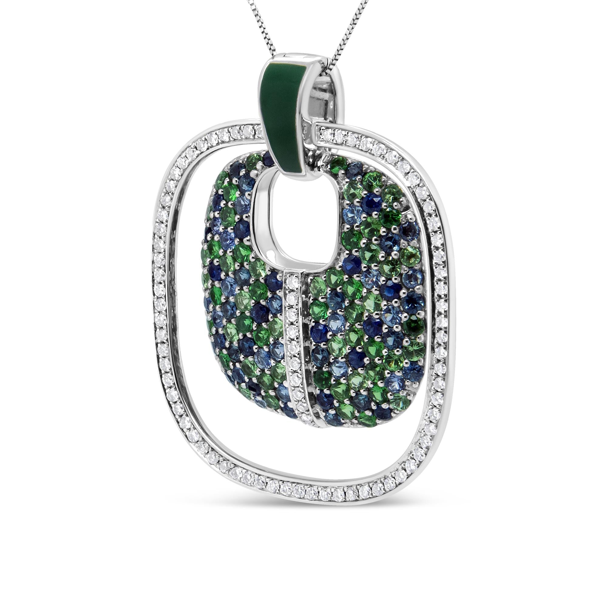 .925 Sterling Silver Green Enamel Pendant with 1/2 Cttw Diamond, Sapphire, and Tsavorite Openwork Statement 18" Pendant Necklace (F-G Color, VS1-VS2 Clarity)-1