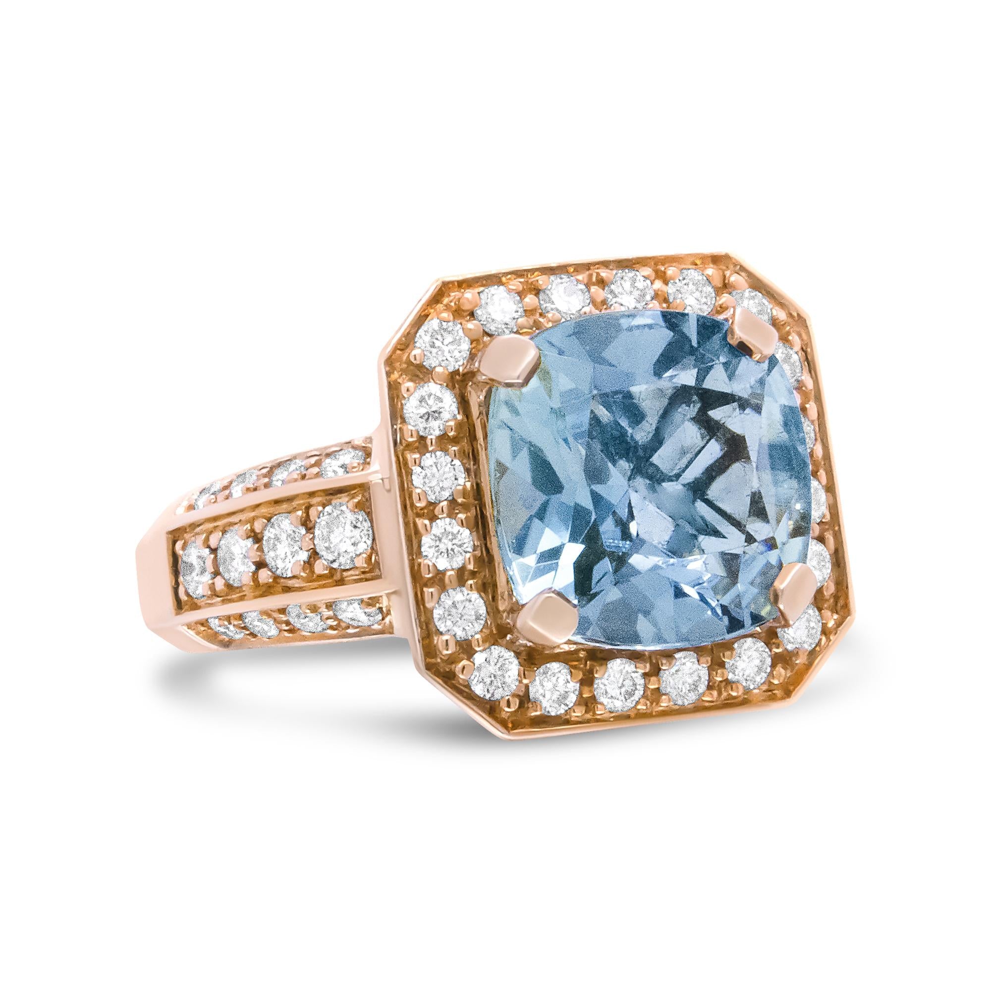 18K Rose Gold 10x10mm Cushion Shaped Aquamarine and 1 1/8 Cttw Round Diamond Halo Ring (F-G Color, VS1-VS2 Clarity)-1