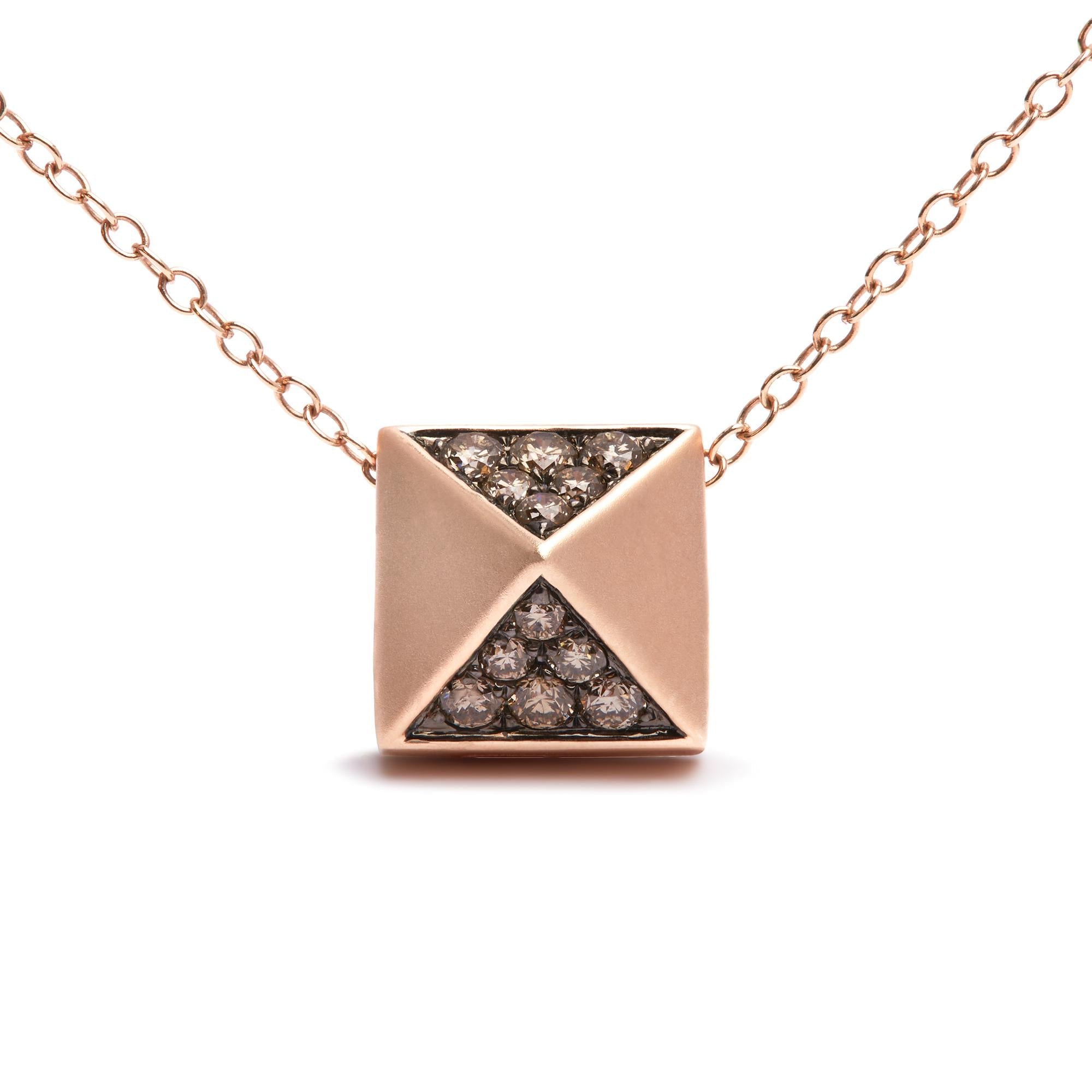 14K Rose Gold 1/4 Cttw Brown Diamond Matte Finished Pyramid Pendant Necklace (Brown Color, SI1-SI2 Clarity) - 18" Inches-1