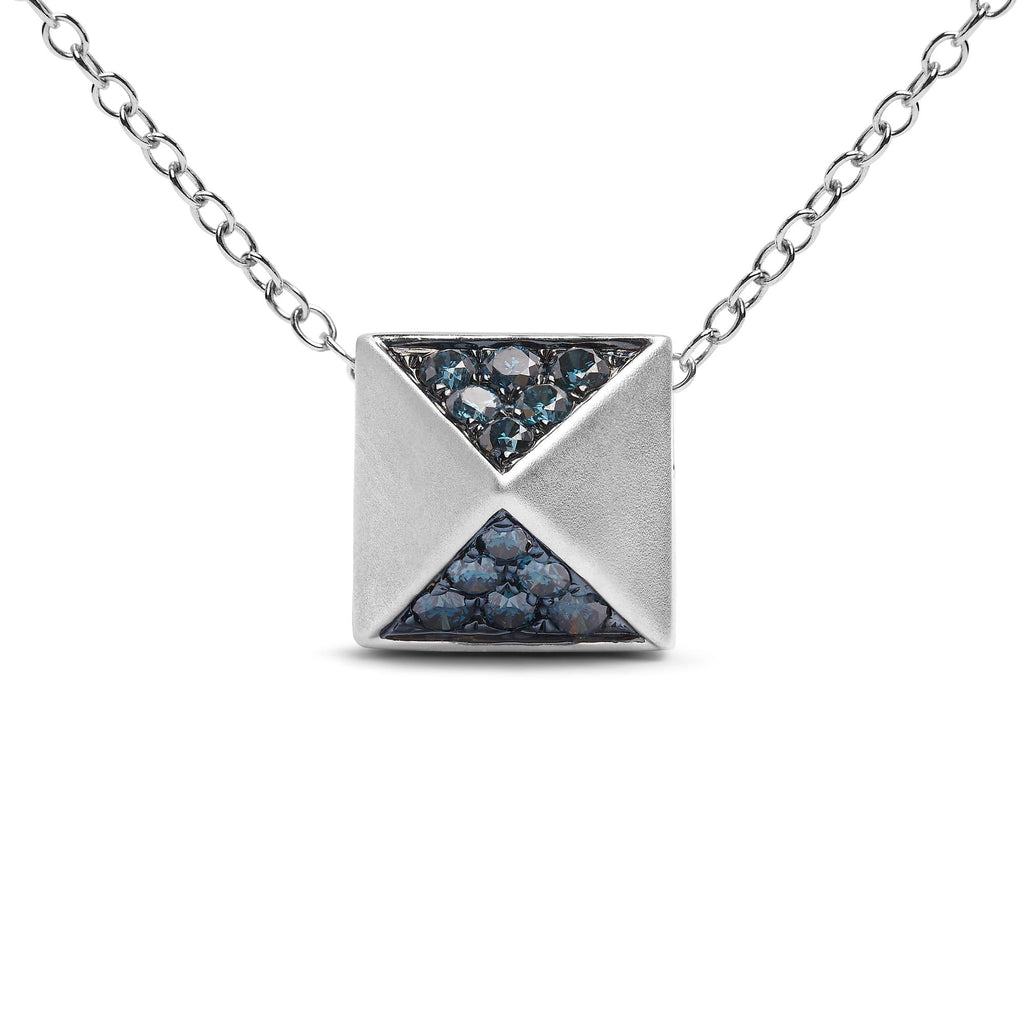 14K White Gold 1/4 Cttw Treated Blue Diamond Matte Finished Pyramid Pendant Necklace (Blue Color, SI1-SI2 Clarity) - 18" Inches-1