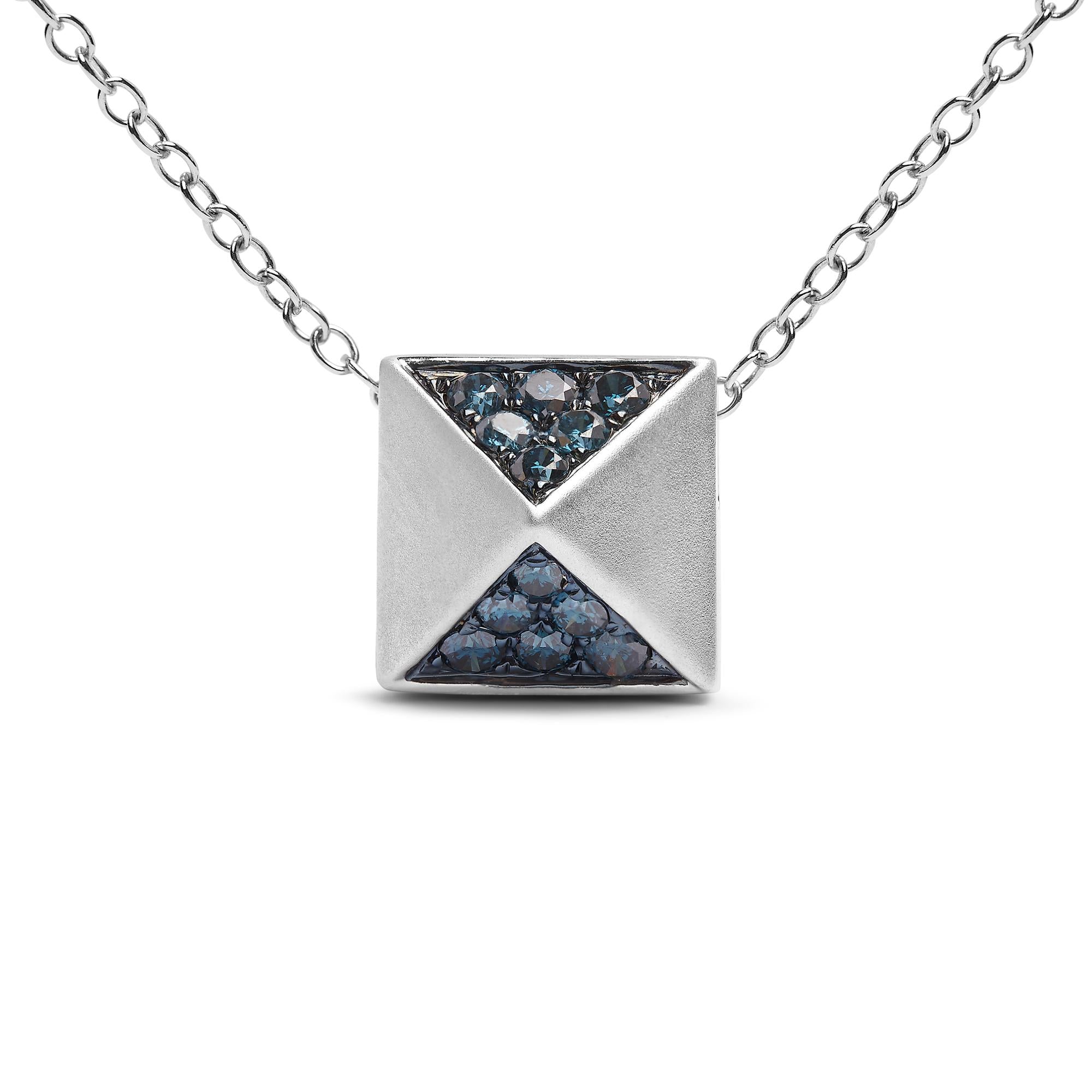 14K White Gold 1/4 Cttw Treated Blue Diamond Matte Finished Pyramid Pendant Necklace (Blue Color, SI1-SI2 Clarity) - 18" Inches-1