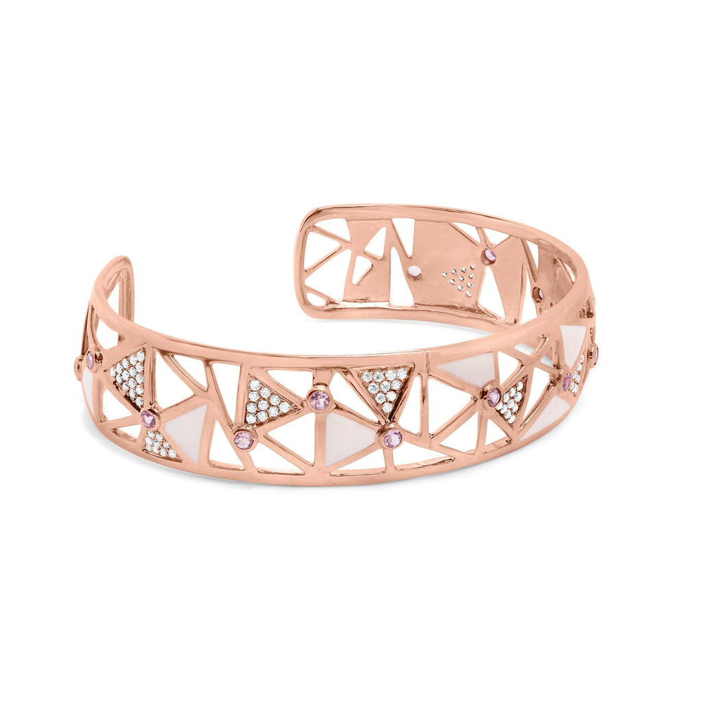 14K Rose Gold 5/8 Cttw Diamond with Pink Tourmaline Open Cuff Bangle with White Enamel (G-H Color, SI1-SI2 Clarity) - 7"-1