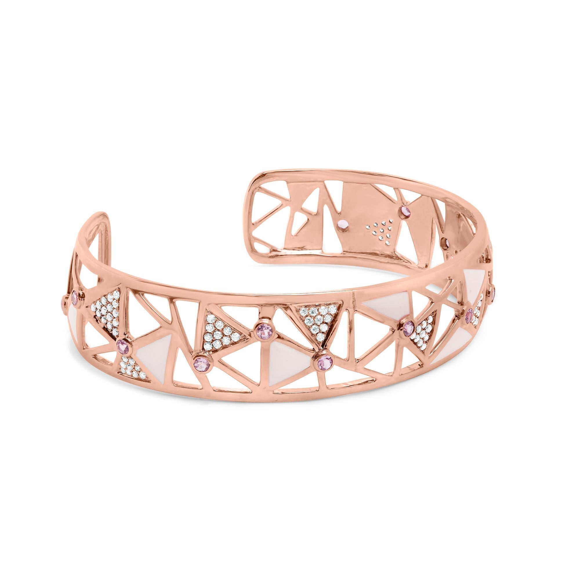 14K Rose Gold 5/8 Cttw Diamond with Pink Tourmaline Open Cuff Bangle with White Enamel (G-H Color, SI1-SI2 Clarity) - 7"-1