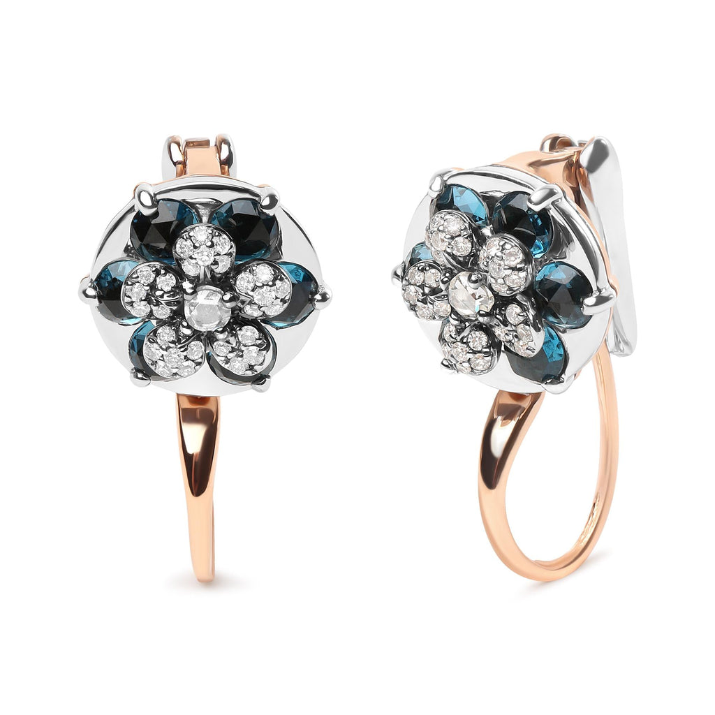 18K Rose and White Gold 1/3 Cttw Round Diamonds and Round London Blue Topaz Gemstone Cluster Floral Drop Hoop Earrings (G-H Color, SI1-SI2 Clarity)-1
