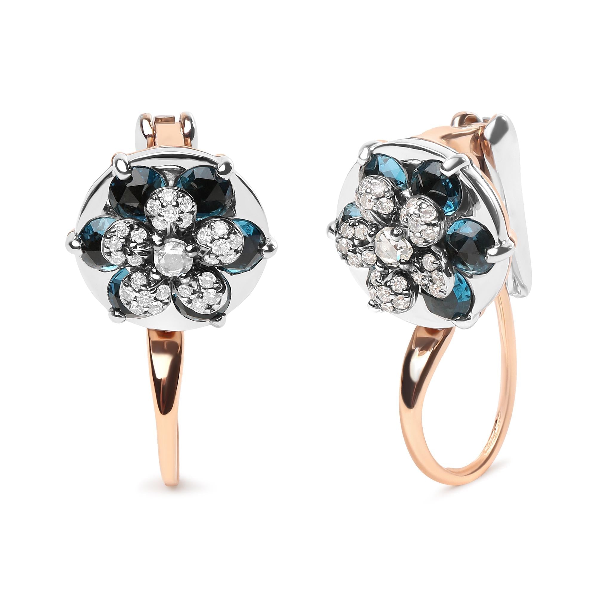 18K Rose and White Gold 1/3 Cttw Round Diamonds and Round London Blue Topaz Gemstone Cluster Floral Drop Hoop Earrings (G-H Color, SI1-SI2 Clarity)-1