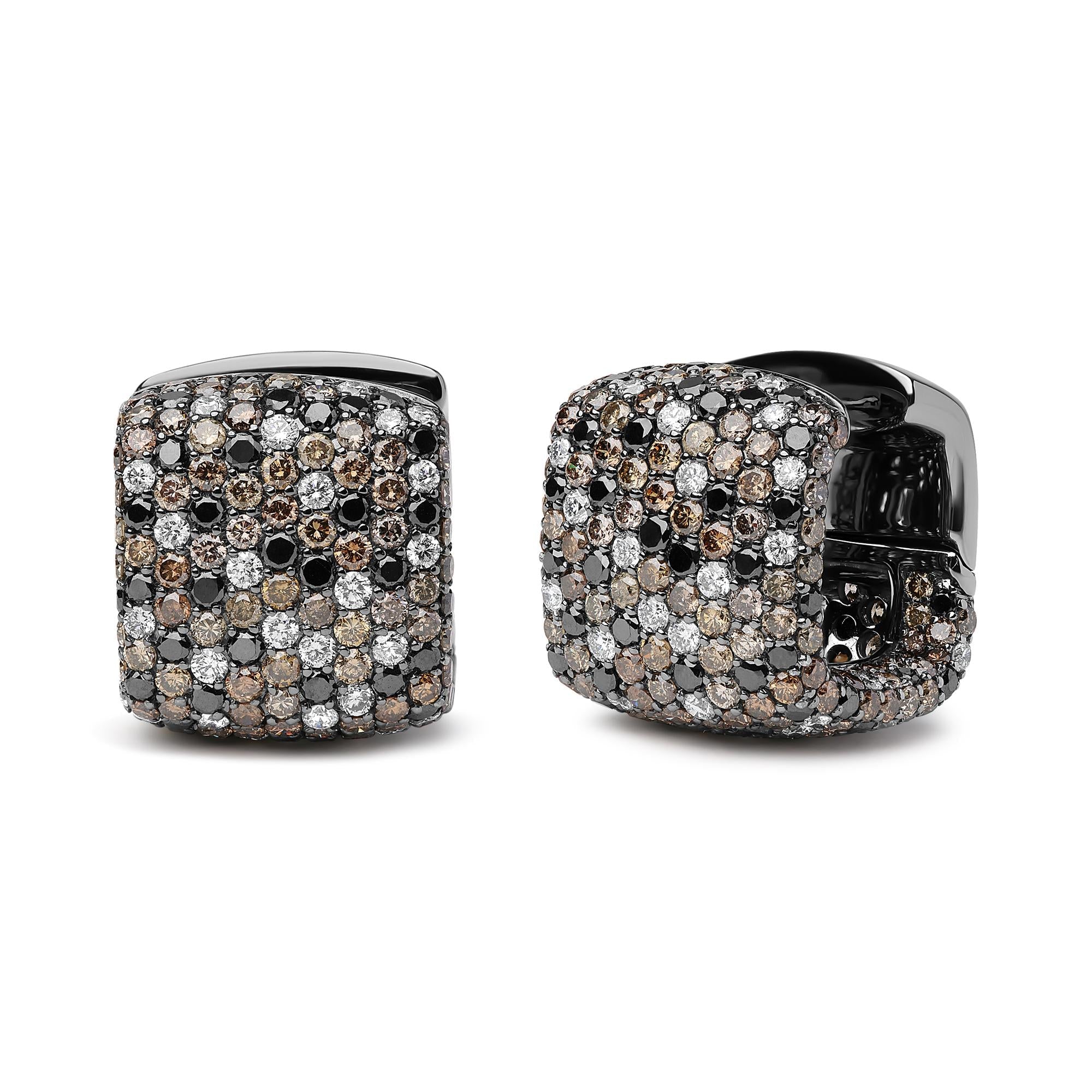 Black Rhodium Plated 18K White Gold 12 5/8 Cttw Multi Color Diamond Square Domed Huggie Hoop Earrings  (Brown, Black, G-H Color, SI1-SI2 Clarity)-1