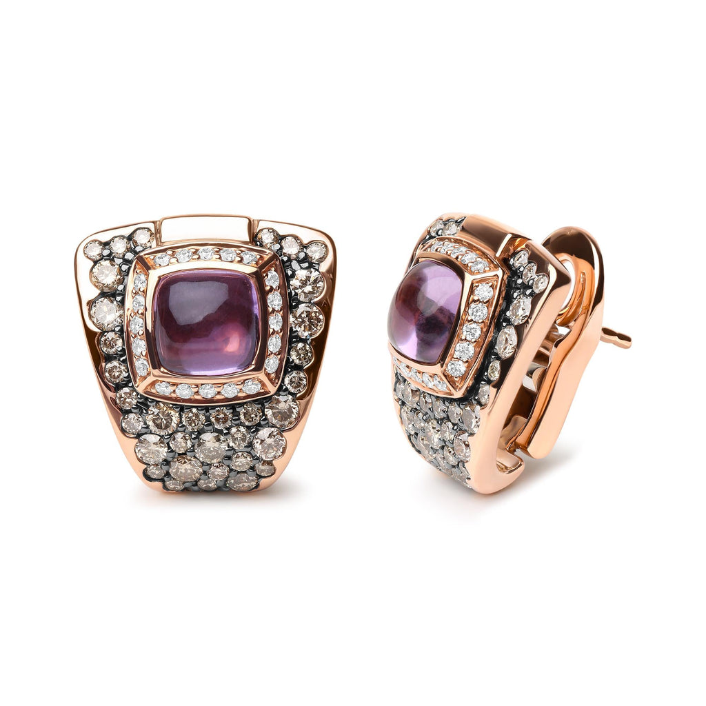 18K Rose Gold 1 1/2 Cttw Round Diamond and 7mm Cushion Cut Purple Amethyst Gemstone Geometrical Statement Stud Earrings (Brown and G-H Color, SI1-SI2 Clarity)-1