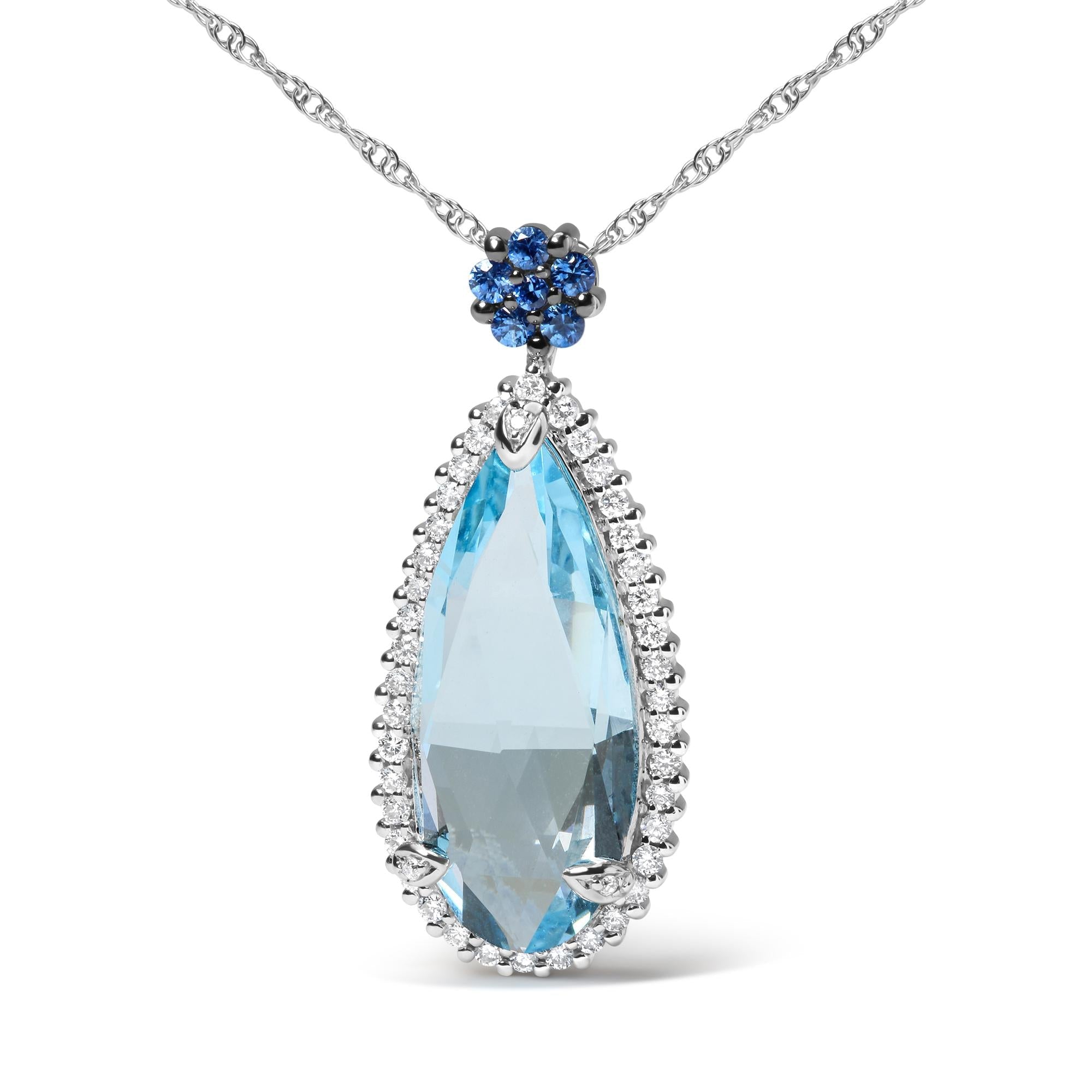 18K White Gold 3/8 Cttw Pave Set Diamond and Sky Blue Topaz and Blue Sapphire Gemstone Floral Teardrop Halo 18" Pendant Necklace (G-H Color, SI2-I1 Clarity)-1