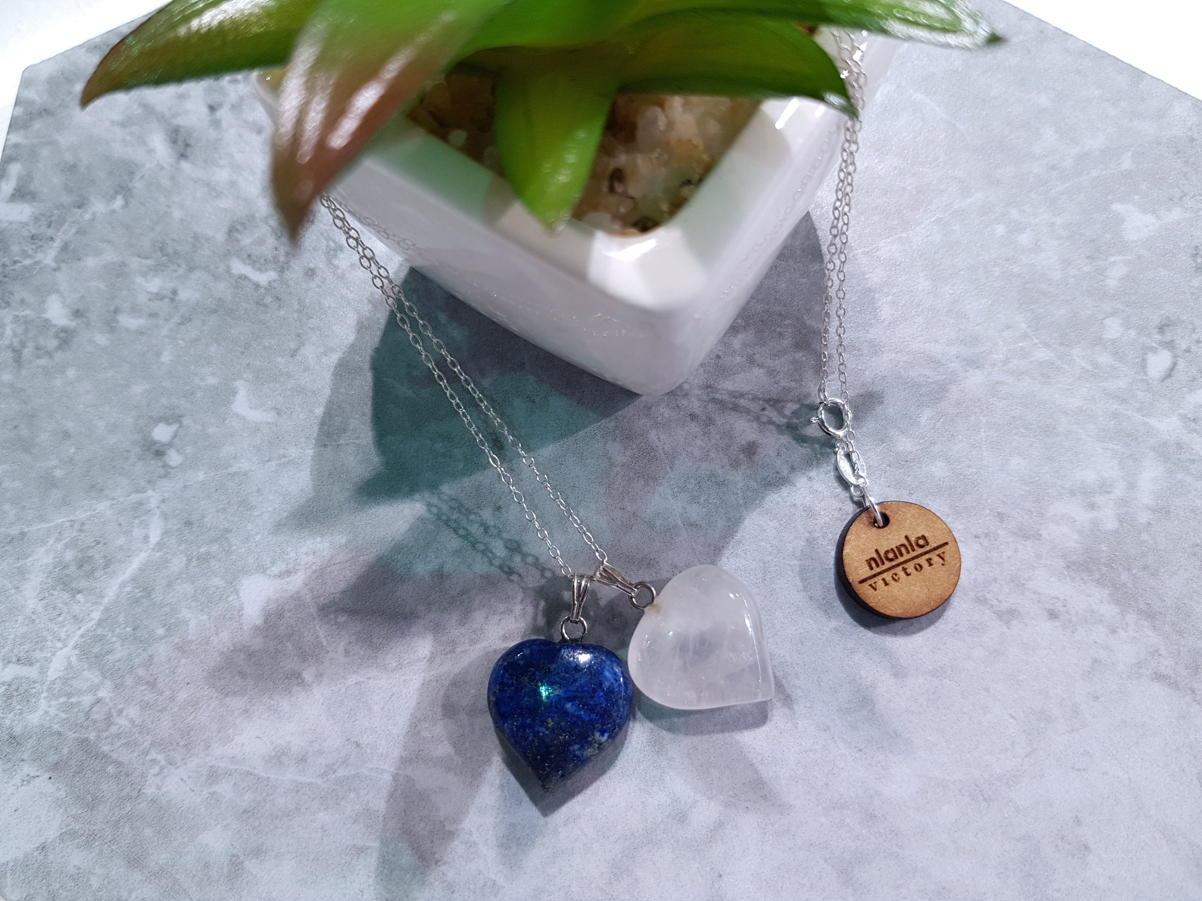 Lapis Lazuli and Rose Quartz Hearts Necklace, Lapis Lazuli and Rose Quartz Sterling Silver necklace,  Lapis Lazuli and Rose Quartz Pendants, Gemstone Necklace | by nlanlaVictory