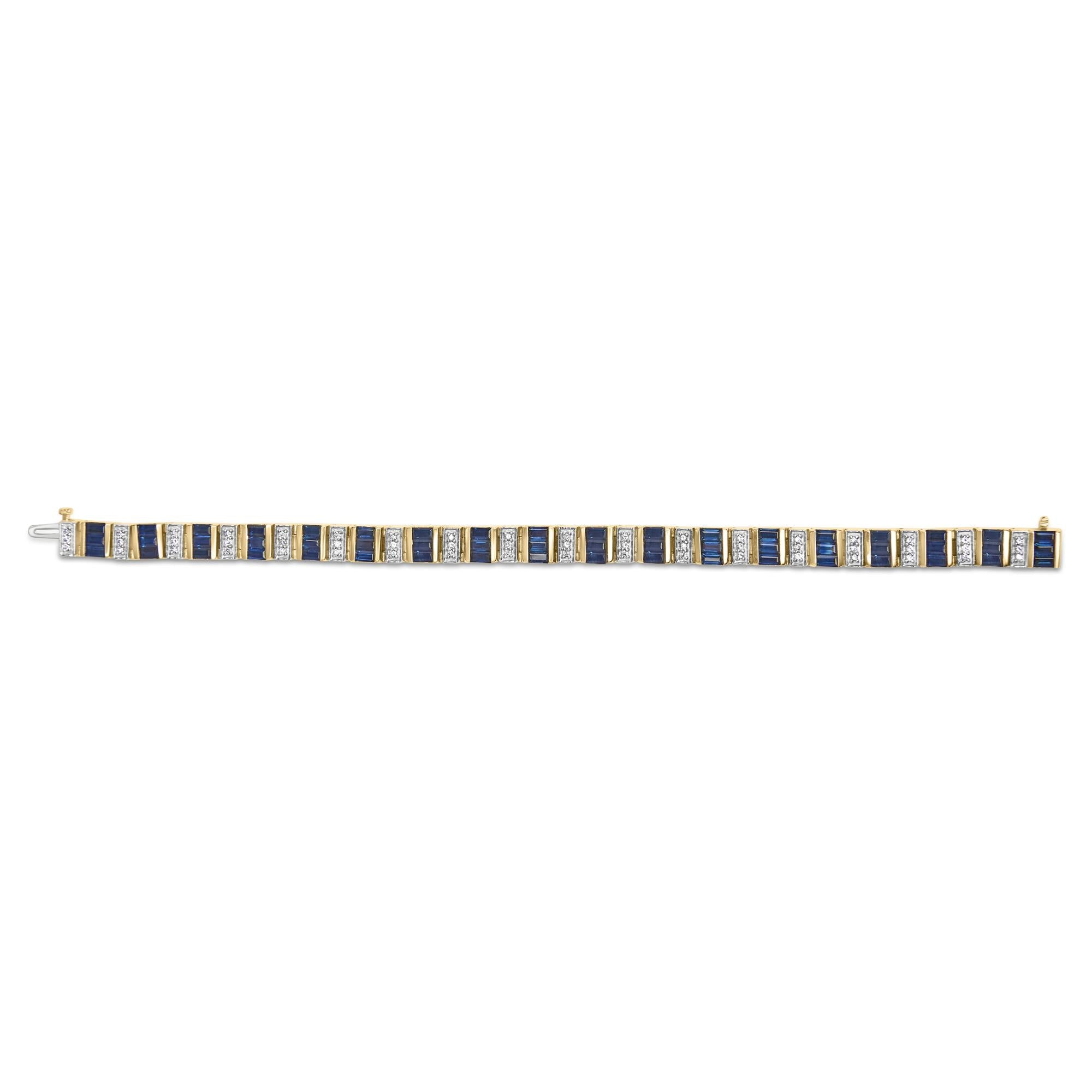 14K Yellow Gold 2/5 Cttw Diamond & 8.0 Cttw Baguette Cut Blue Sapphire Alternating Link Bracelet (G-H Color, VS1-VS2 Clarity) - 7" Inches-2