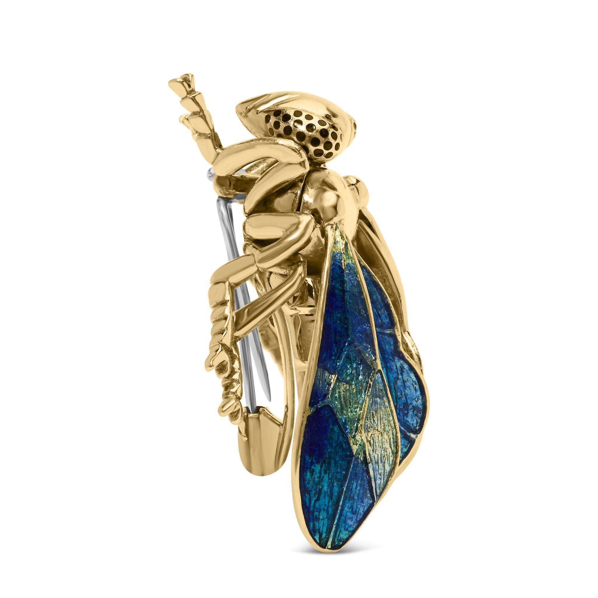 18K Yellow Gold 1/2 Cttw Pave Set Diamond and Blue-Green Enamel Bumblebee Brooch Pin (F-G Color, VS1-VS2 Clarity)-2