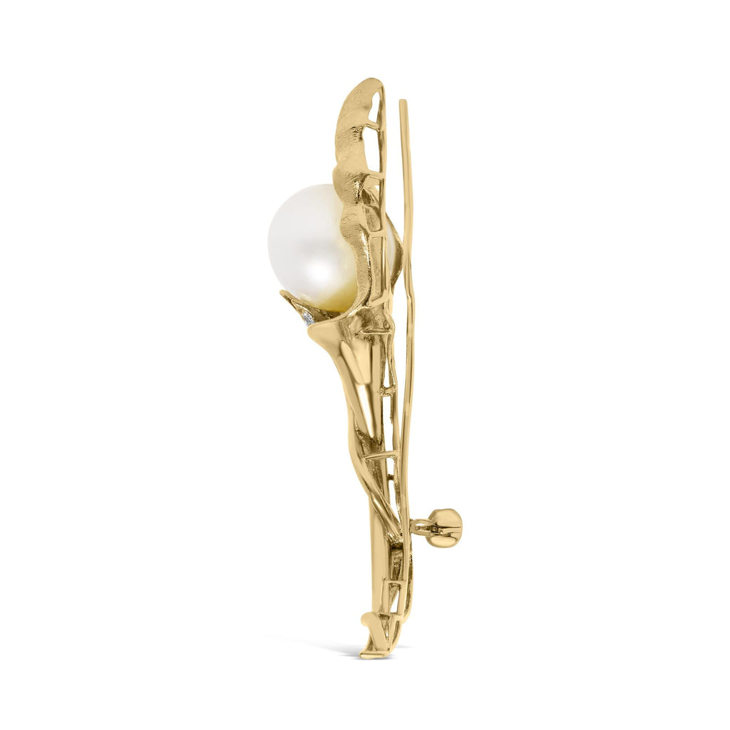 18K Yellow Gold 2/5 Cttw Diamond and 12MM Cultured South Sea Pearl Flower Pin Brooch (G-H Color, VS1-VS2 Clarity)-2