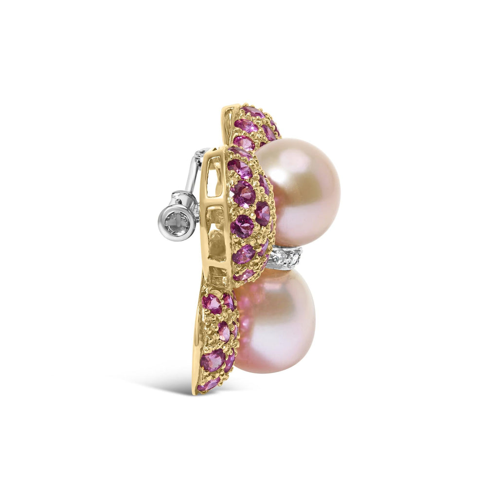 18K Yellow and White Gold 9MM South Sea Pearl and Pink Sapphire Butterfly Pin Brooch with Diamond Accent (F-G Color, VS1-VS2 Clarity)-2