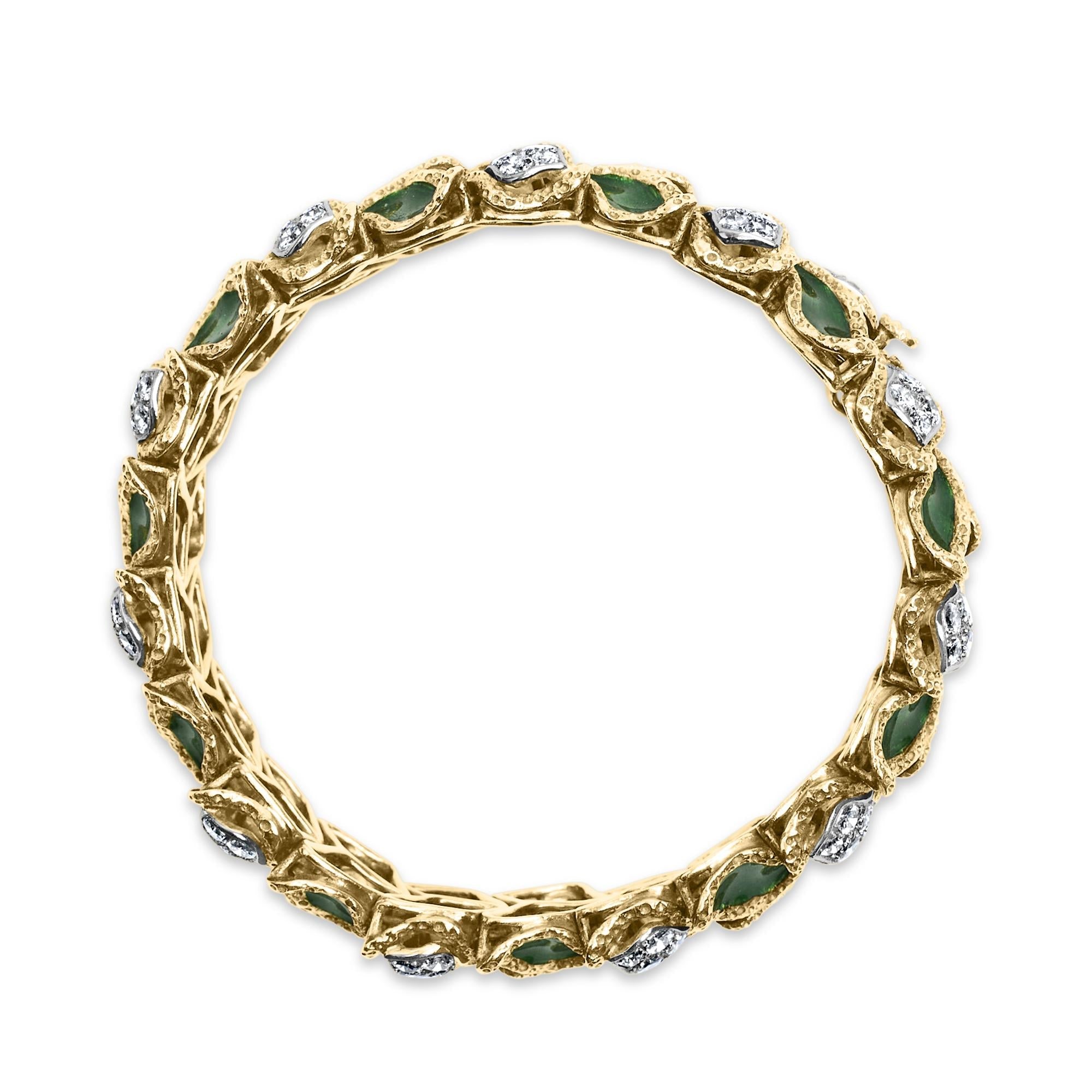 18K Yellow Gold 3 1/4 Cttw Diamond and Green Enamel Gold Textured Bracelet (G-H Color, VS1-VS2 Clarity) - 7" Inches-2