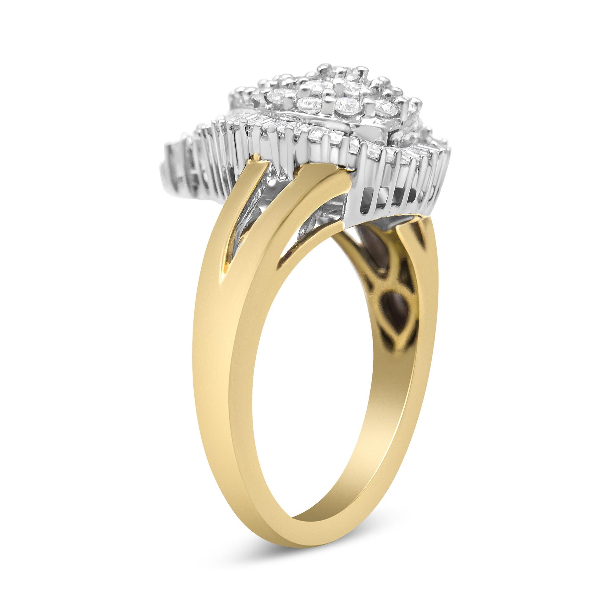 14K Yellow and White Gold 1.00 Cttw Round and Baguette-Cut Diamond Ballerina Cocktail Ring (H-I Color, SI2-I1 Clarity)-2