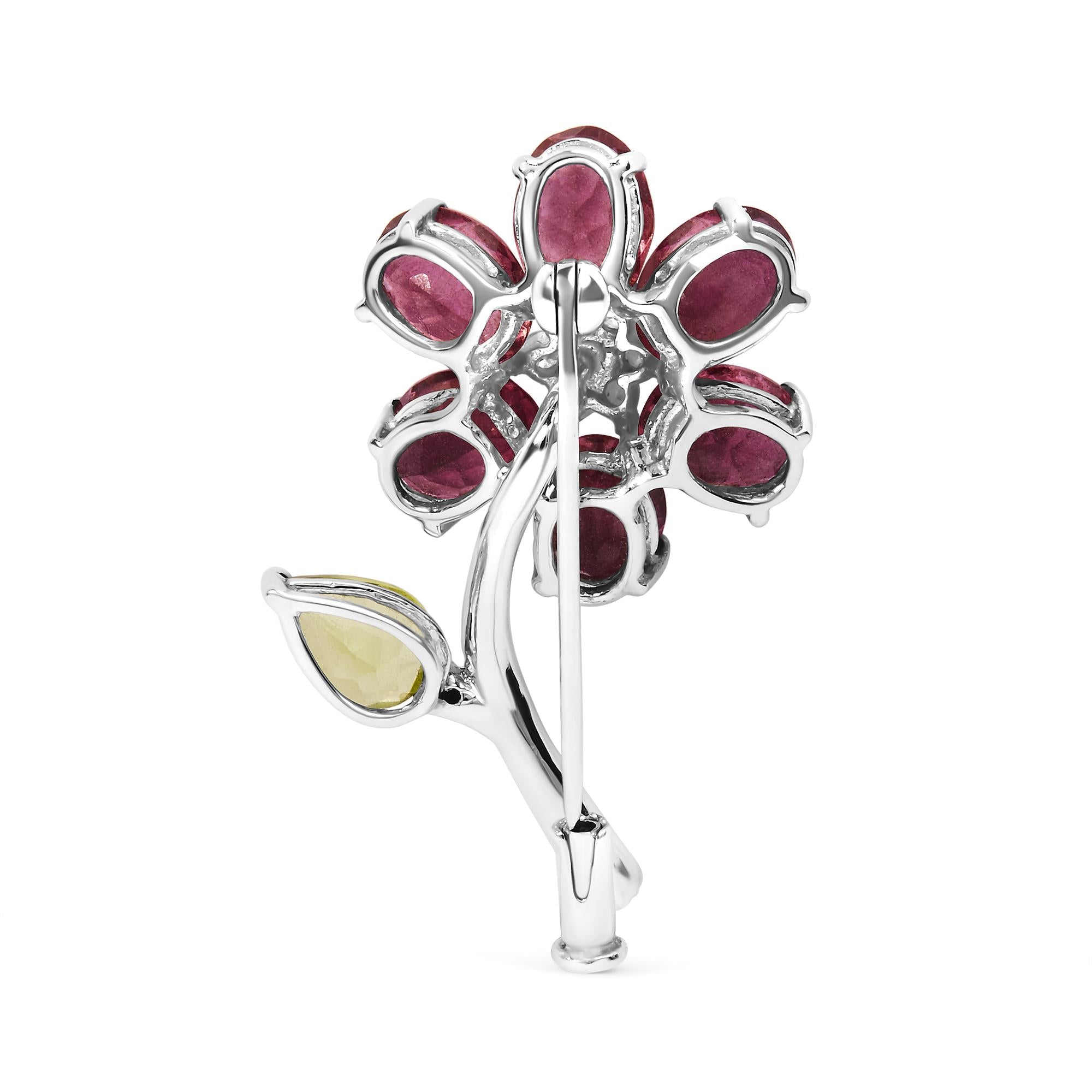 18K White Gold 1/3 Cttw Diamond, Pink Tourmaline, and Green Peridot Flower and Leaf Tulip Brooch Pin (H-I Color, VS2-SI1)-2