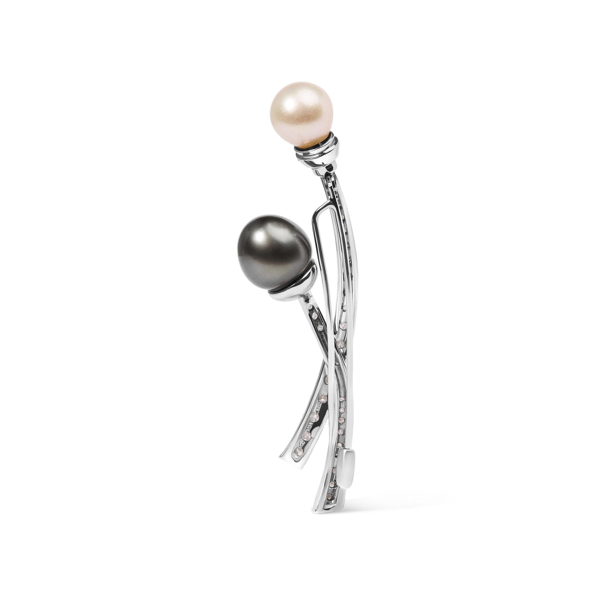 18K White Gold 3/5 Cttw Diamond and Cultured South Sea Black and White Pearl Brooch Pin (H-I Color, VS1-VS2 Clarity)-2