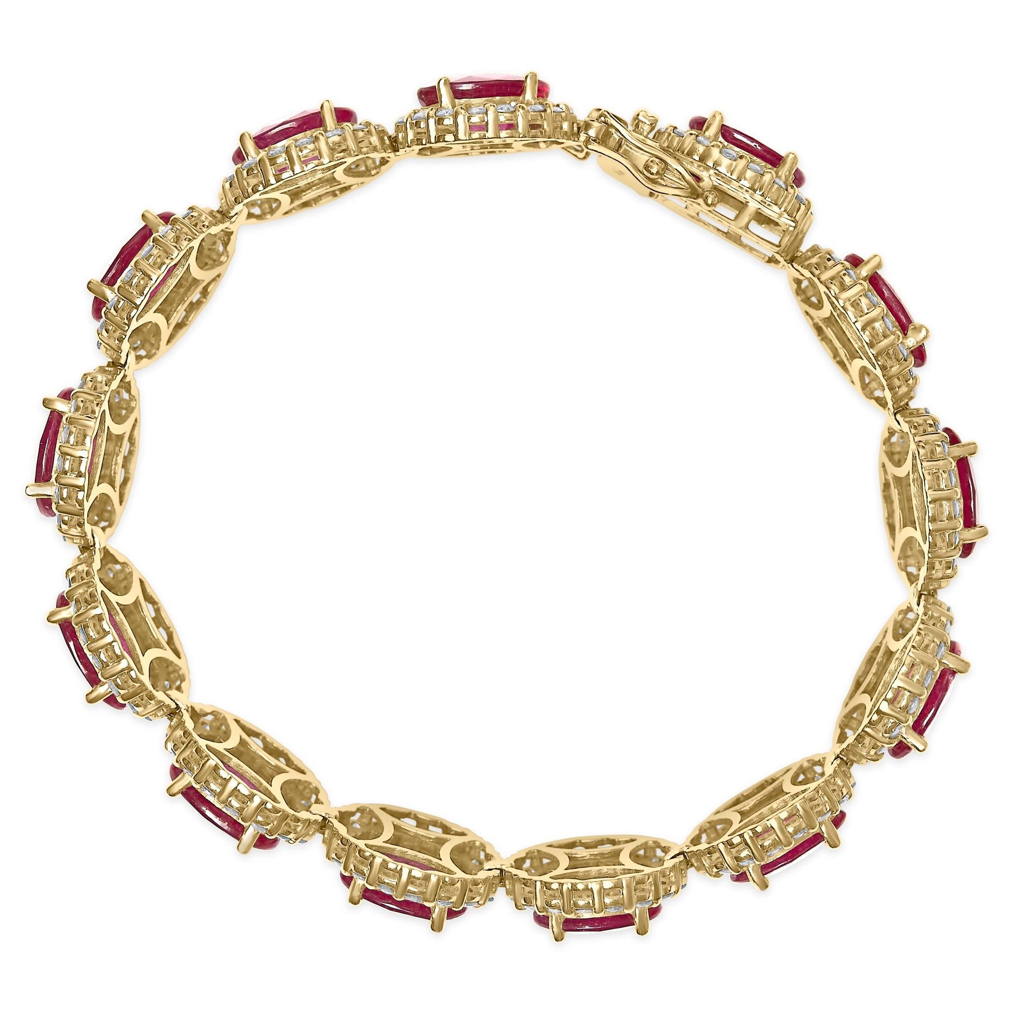 14K Yellow Gold 6 2/5 Cttw Diamond and 34.0 Cttw Oval Red Ruby Halo Link Bracelet (I-J Color, SI1-SI2 Clarity) - 7.25" Inches-2