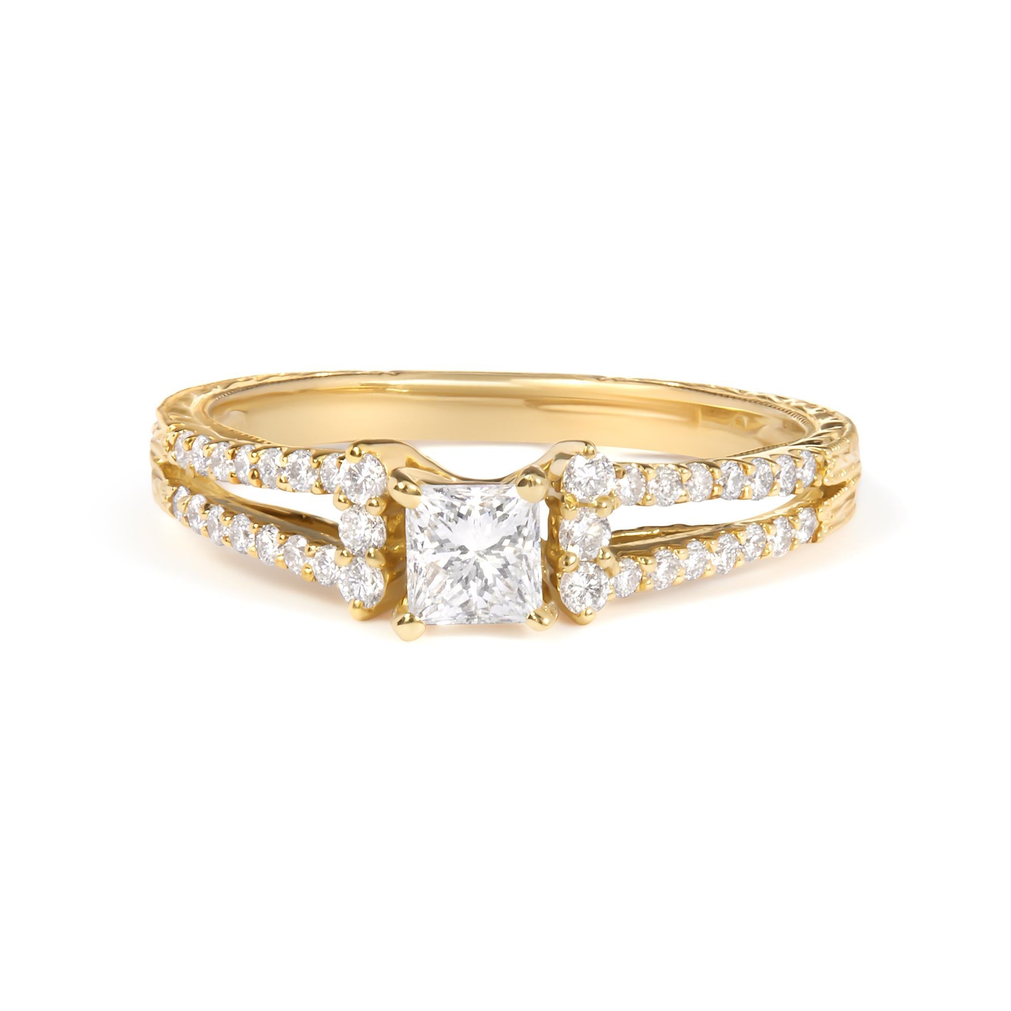 14K Yellow Gold Diamond 5/8 Cttw Princess Diamond Split Shank and Milgrain Engagement Ring (G-H Color, VS2-SI1 Clarity) - Size 7-2