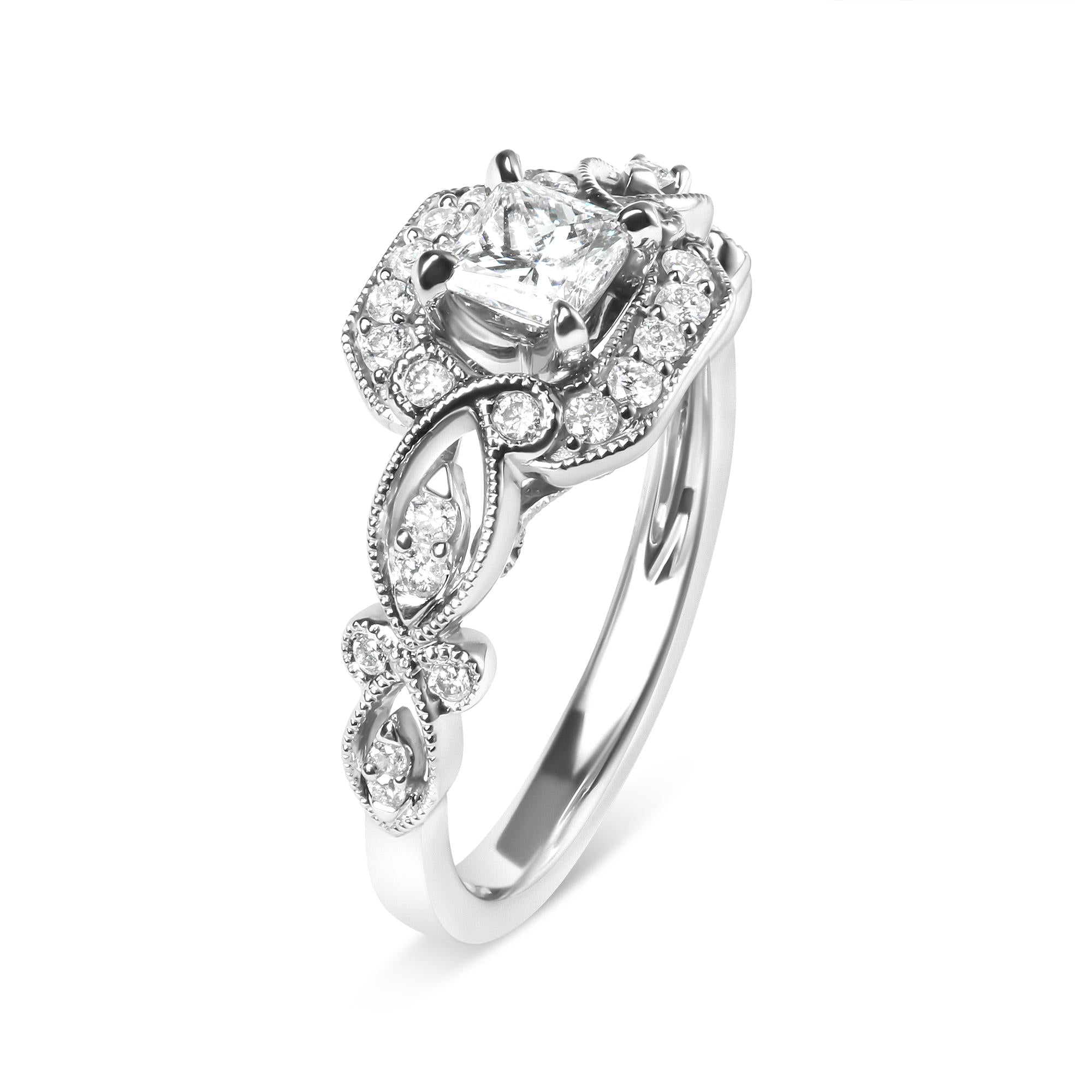 14K White Gold Diamond 3/4 Cttw Diamond Halo Style and Woven Shank Engagement Ring (G-H Color, VS2-SI1 Clarity) - Size 7-2