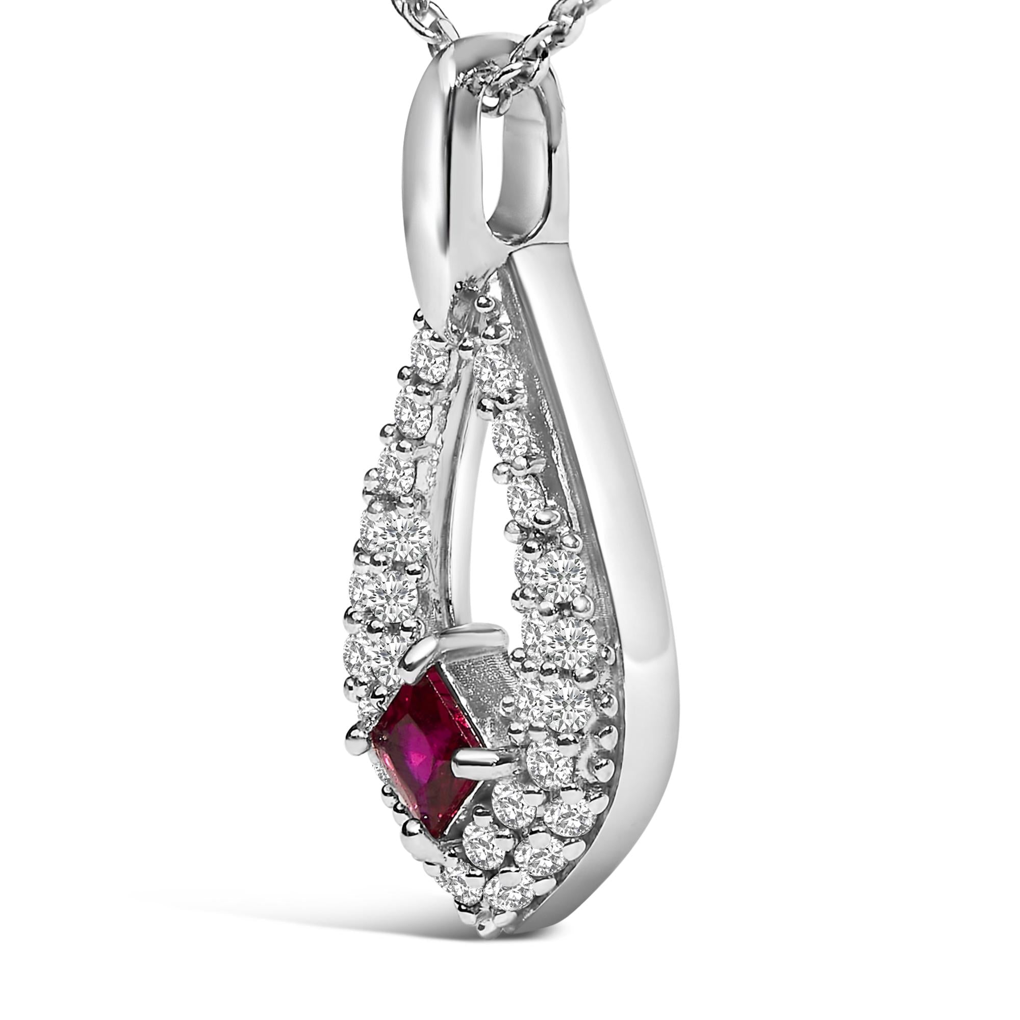 .925 Sterling Silver Created Red Ruby and White Sapphire Pear Shaped Pendant Necklace - 18" Inches-2