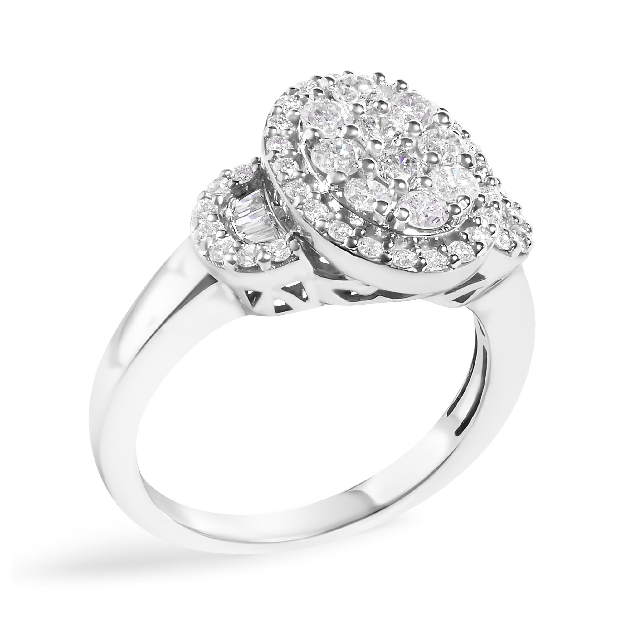 10K White Gold 1.0 Cttw Diamond Oval Cluster with Halo Vintage-Inspired Art Deco 3 Stone Style Statement Ring (G-H Color, SI1-SI2 Clarity)-2