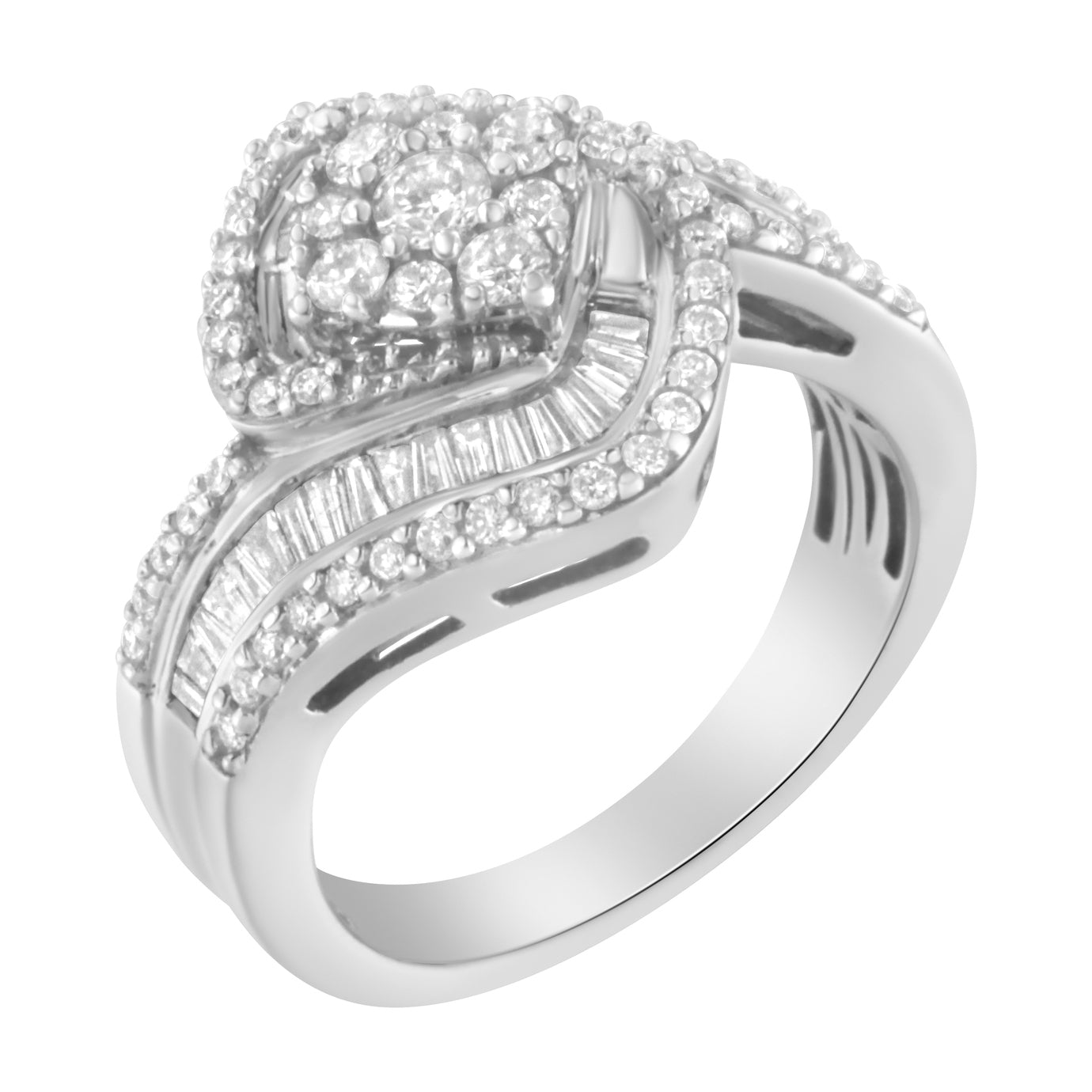 14K White Gold 1.0 Cttw Baguette & Brilliant-Cut Diamond Round Floral Cluster Engagement or Fashion Ring with Swirl Wrapped Triple Row Band (H-I Color, SI2-I1 Clarity)-2