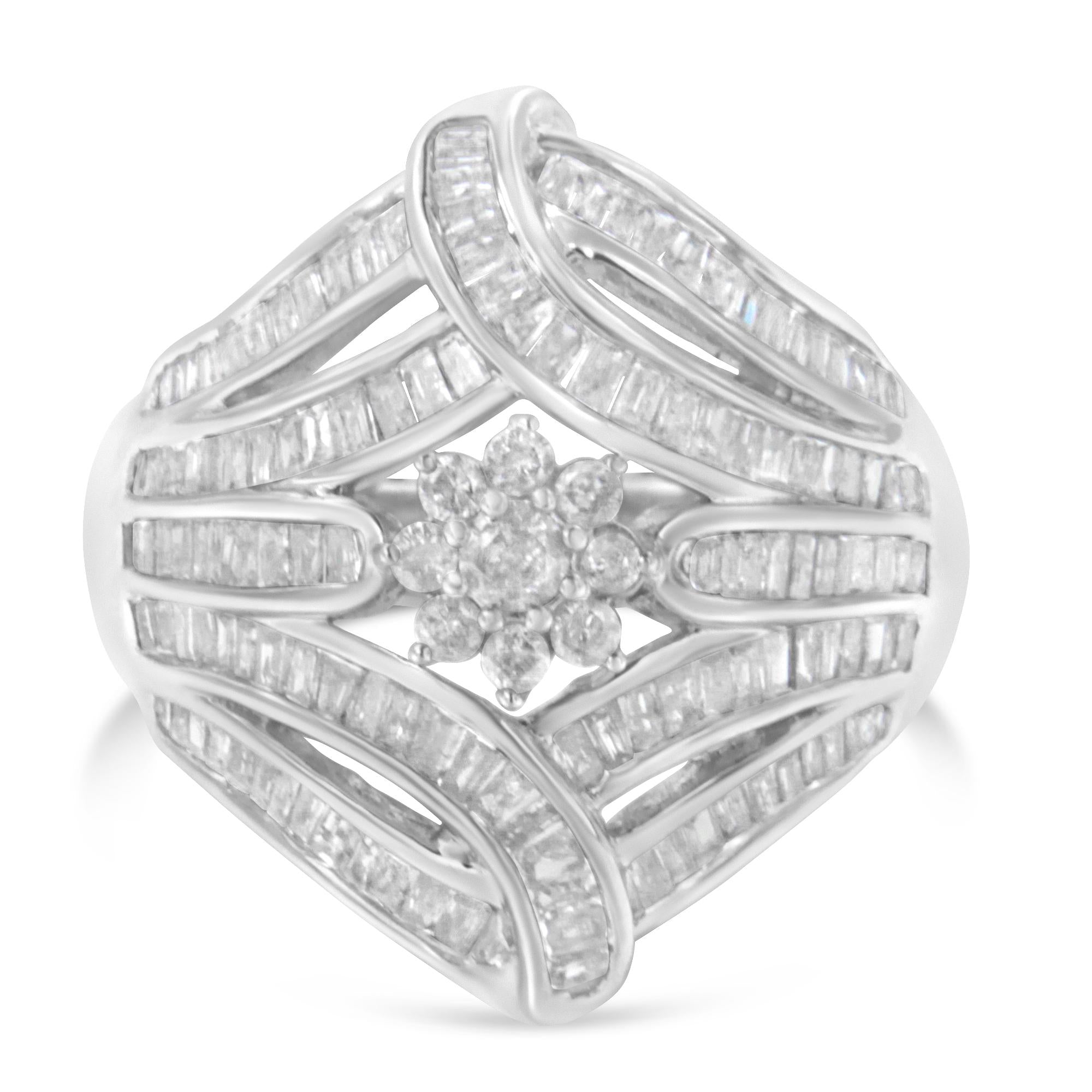 .925 Sterling Silver 1-1/8 Cttw Round & Baguette Diamond 'Flower & Fern' Cluster Cocktail Fashion Ring (I-J Color, I2-I3 Clarity)-2