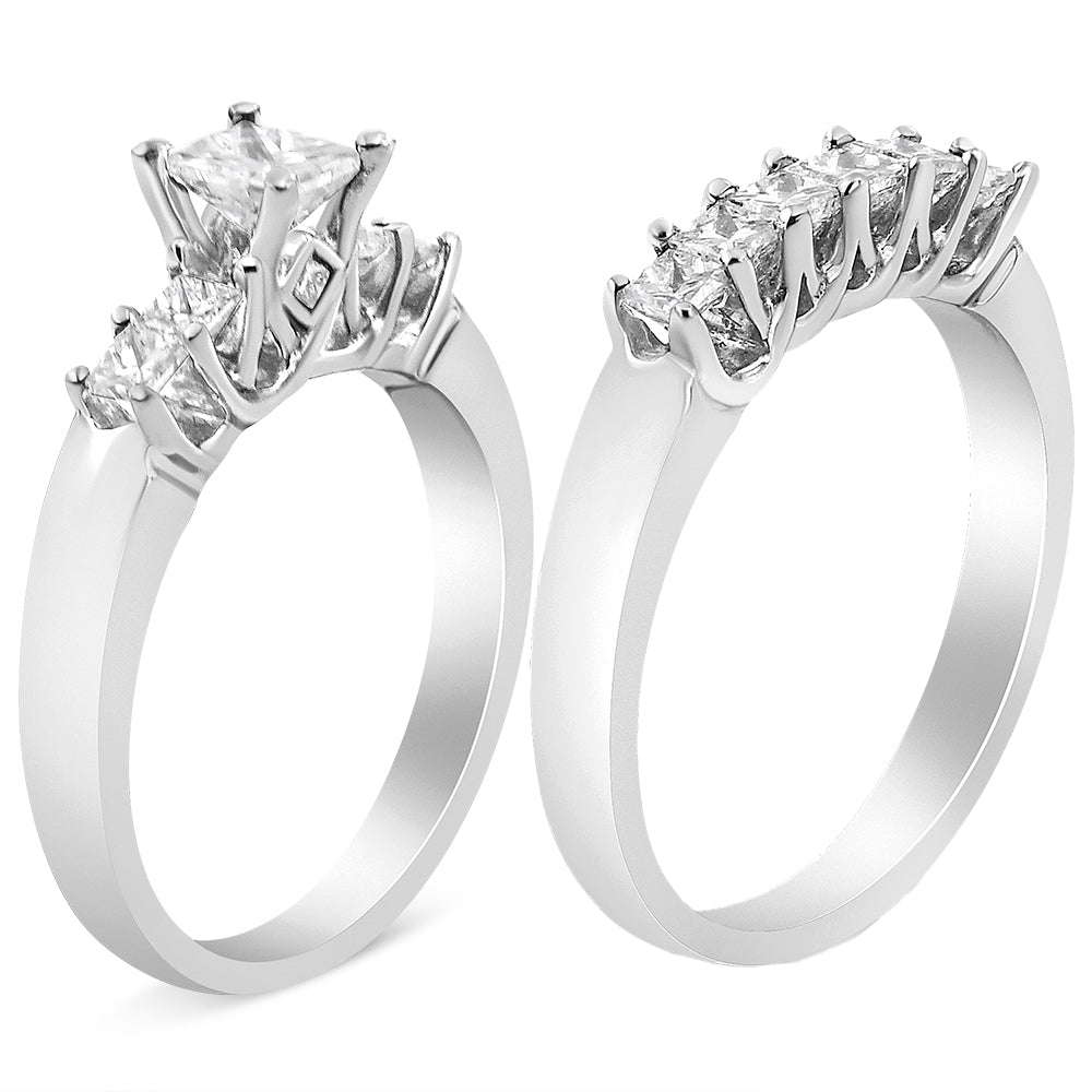 14K White Gold 1 1/2 Cttw 5 Stone Princess Diamond Engagement Wedding Ring Set (H-I Color, SI2-I1 Clarity)-2