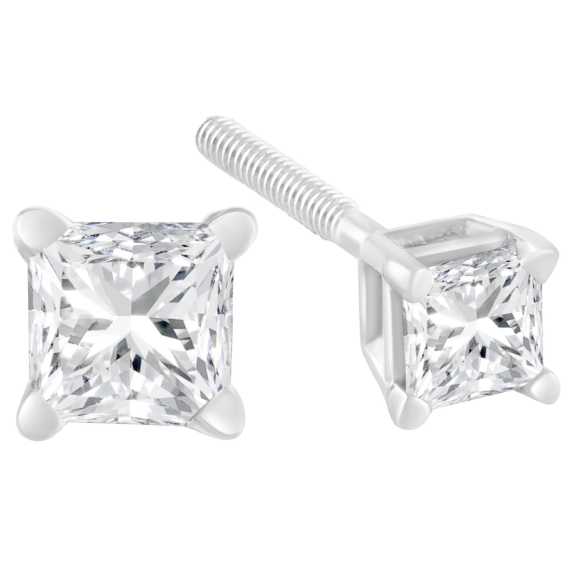 AGS Certified 18K White Gold 1.0 Cttw 4-Prong Set Princess-Cut Solitaire Diamond Screw Back Stud Earrings (E-F Color, SI2-I1 Clarity)-3