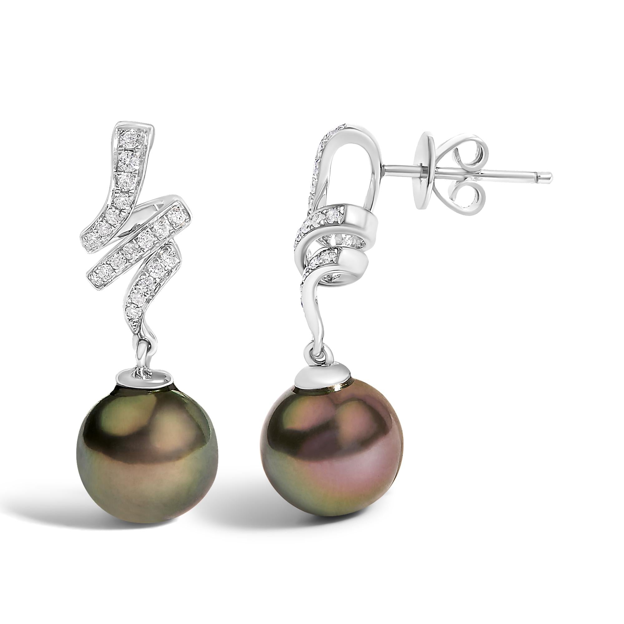 14K White Gold 9MM Cultured Black Pearl and Diamond Accent Drop and Dangle Earrings (I-J Color, SI1-SI2 Clarity)-2