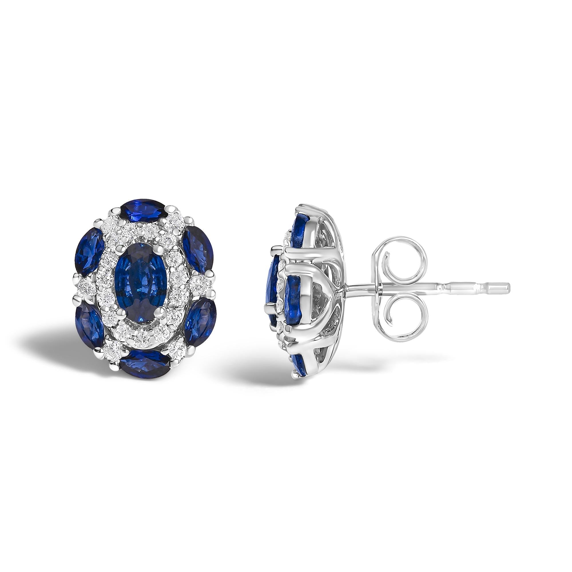 14K White Gold Blue Sapphire and Diamond Vintage Style Stud Earrings (G-H Color, SI2-I1 Clarity)-2