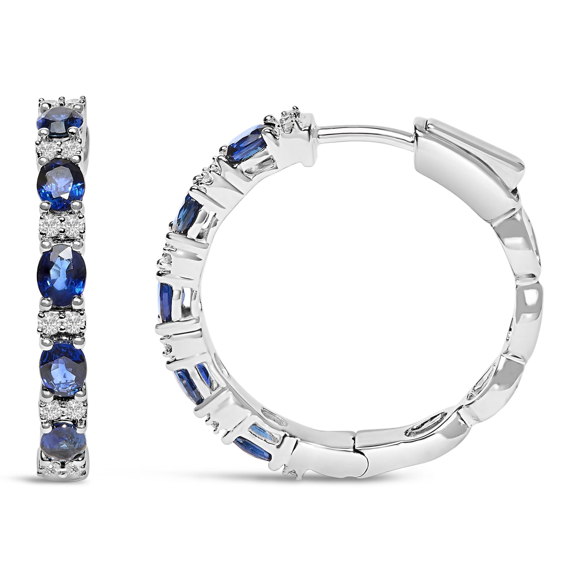 14K White Gold 4x3mm Oval Blue Sapphire and 1/4 Cttw Diamond Alternating Hoop Earring (I-J Color, SI2-I1 Clarity)-2