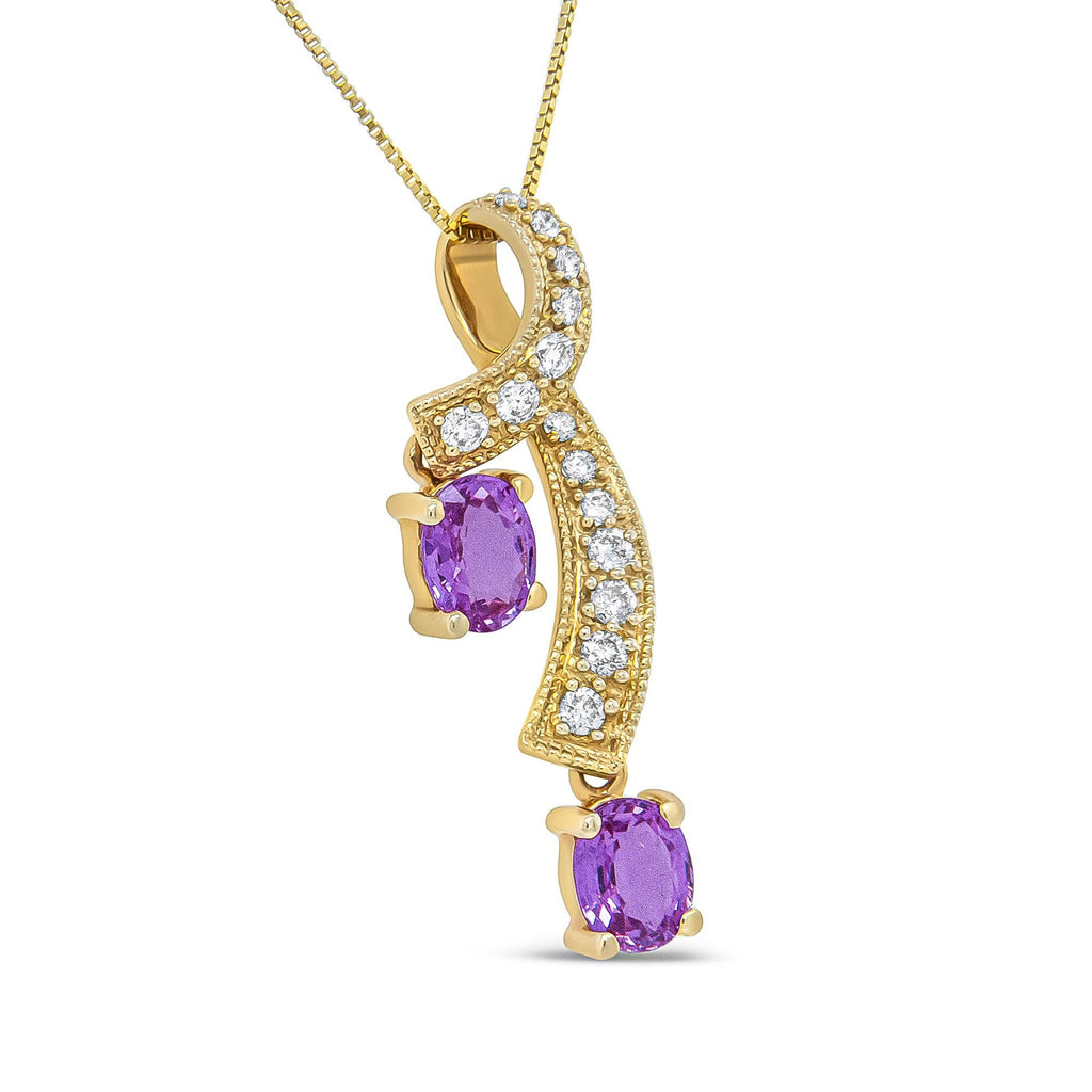 14K Yellow Gold 6x4mm Oval Pink Sapphire and 1/5 Cttw Round Diamond Pendant Necklace - (H-I Color, SI1-SI2 Clarity)-2