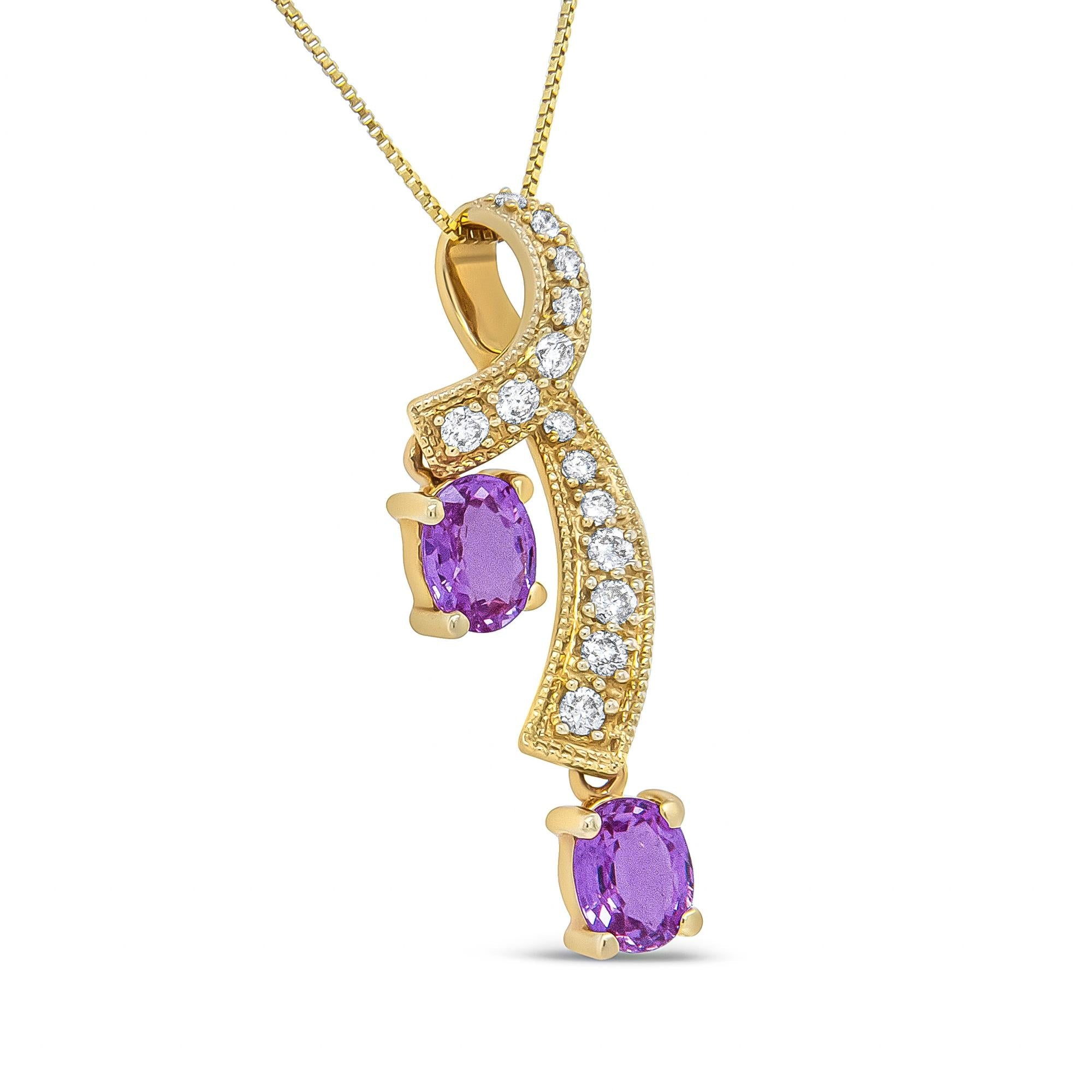 14K Yellow Gold 6x4mm Oval Pink Sapphire and 1/5 Cttw Round Diamond Pendant Necklace - (H-I Color, SI1-SI2 Clarity)-2