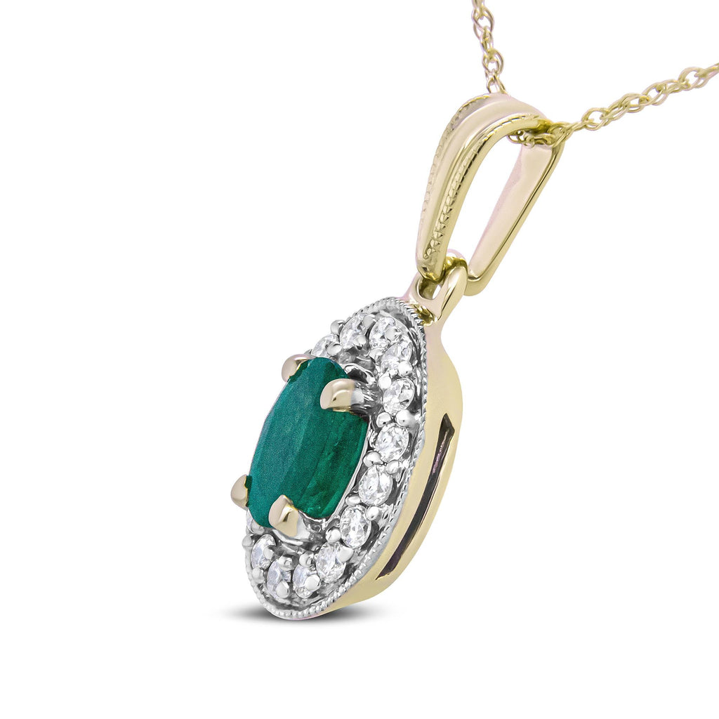 14K Yellow Gold 6x4mm Emerald and 1/5 Cttw Round Diamond Halo Pendant 18" Necklace - (H-I Color, SI1-SI2 Clarity)-2