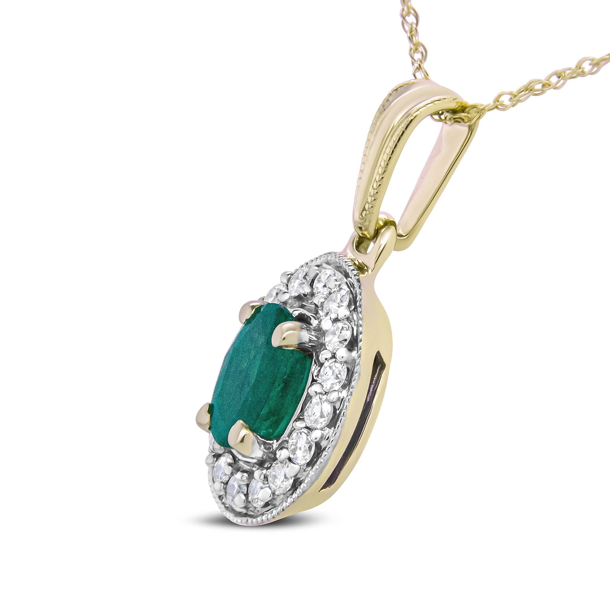 14K Yellow Gold 6x4mm Emerald and 1/5 Cttw Round Diamond Halo Pendant 18" Necklace - (H-I Color, SI1-SI2 Clarity)-2