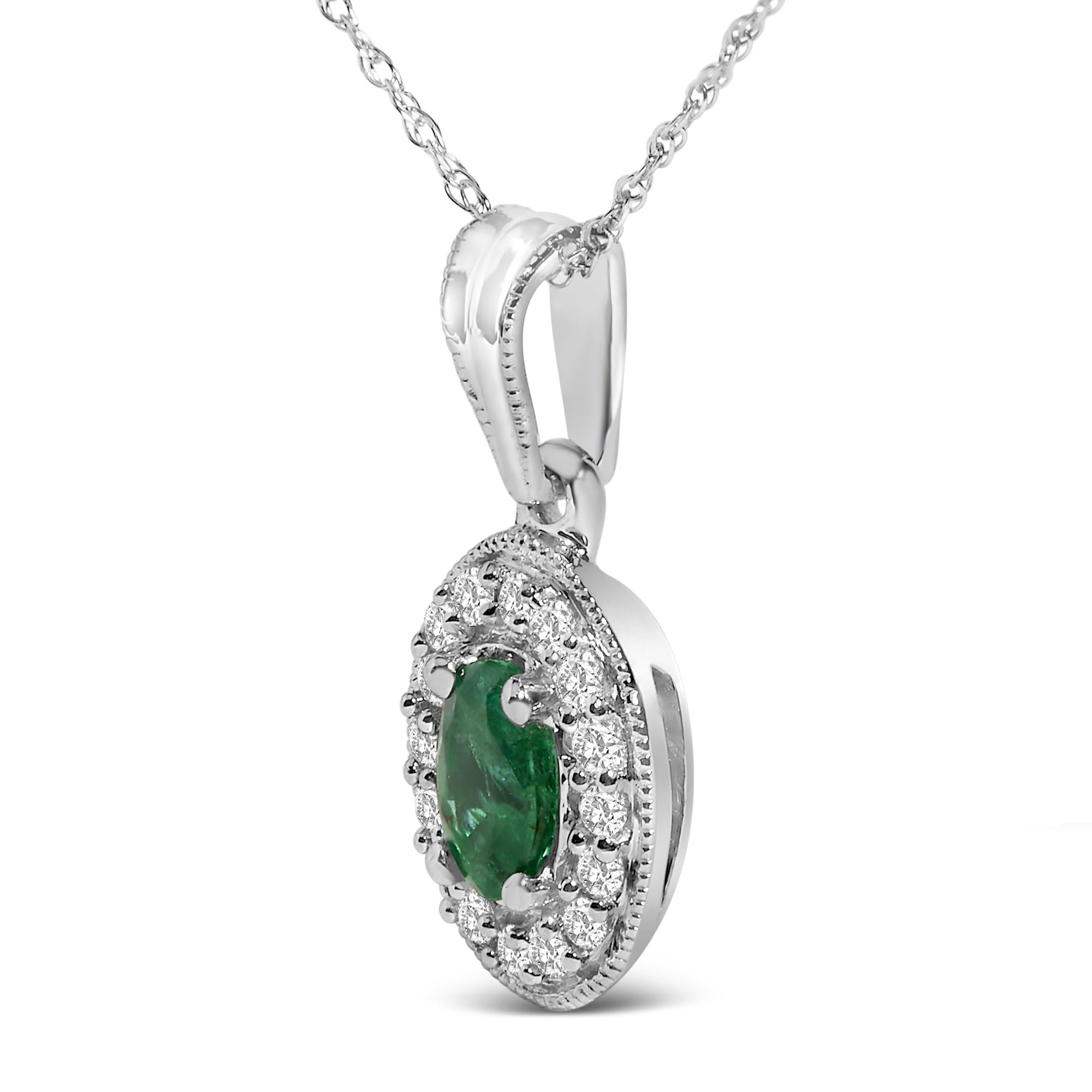 14K White Gold Oval 6x4 MM Green Emerald and Diamond Halo Pendant Necklace - 18 inch-2