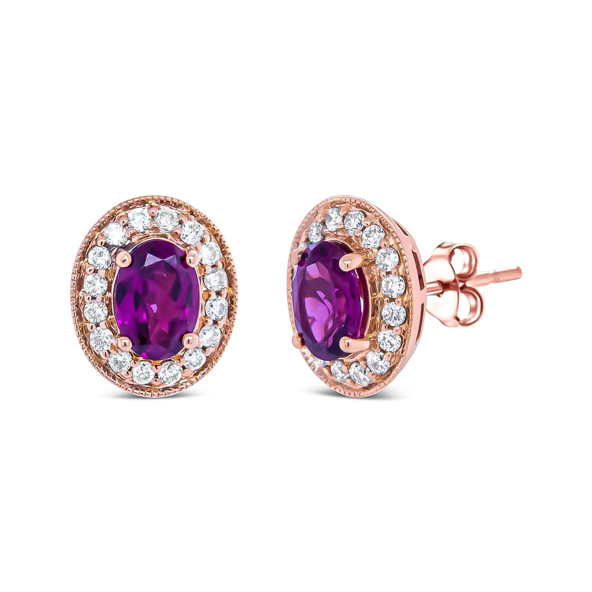 14K Rose Gold 7x5mm Oval Cut Garnet and 3/8 Cttw Round Diamond Halo Stud Earrings (G-H Color, SI1-SI2 Clarity)-2