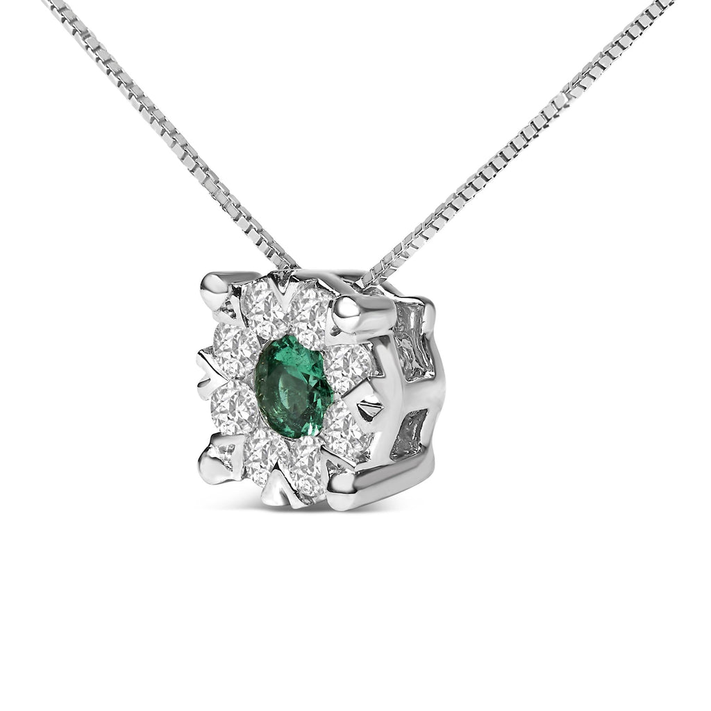 14K White Gold 3.8 MM Green Emerald and 1/3 Cttw Diamond Composite Halo 18" Pendant Necklace (F-G Color, VS2-SI1 Clarity)-2