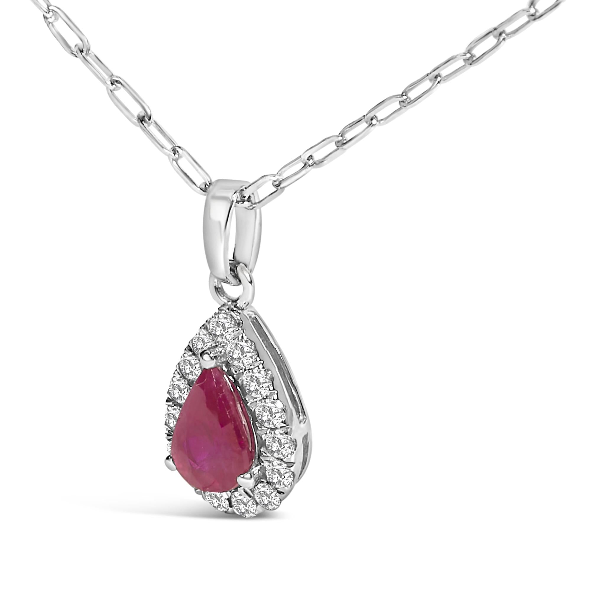 14K White Gold 6x4 Pear Red Ruby and Diamond Halo Pendant Necklace - 18" Inches-2