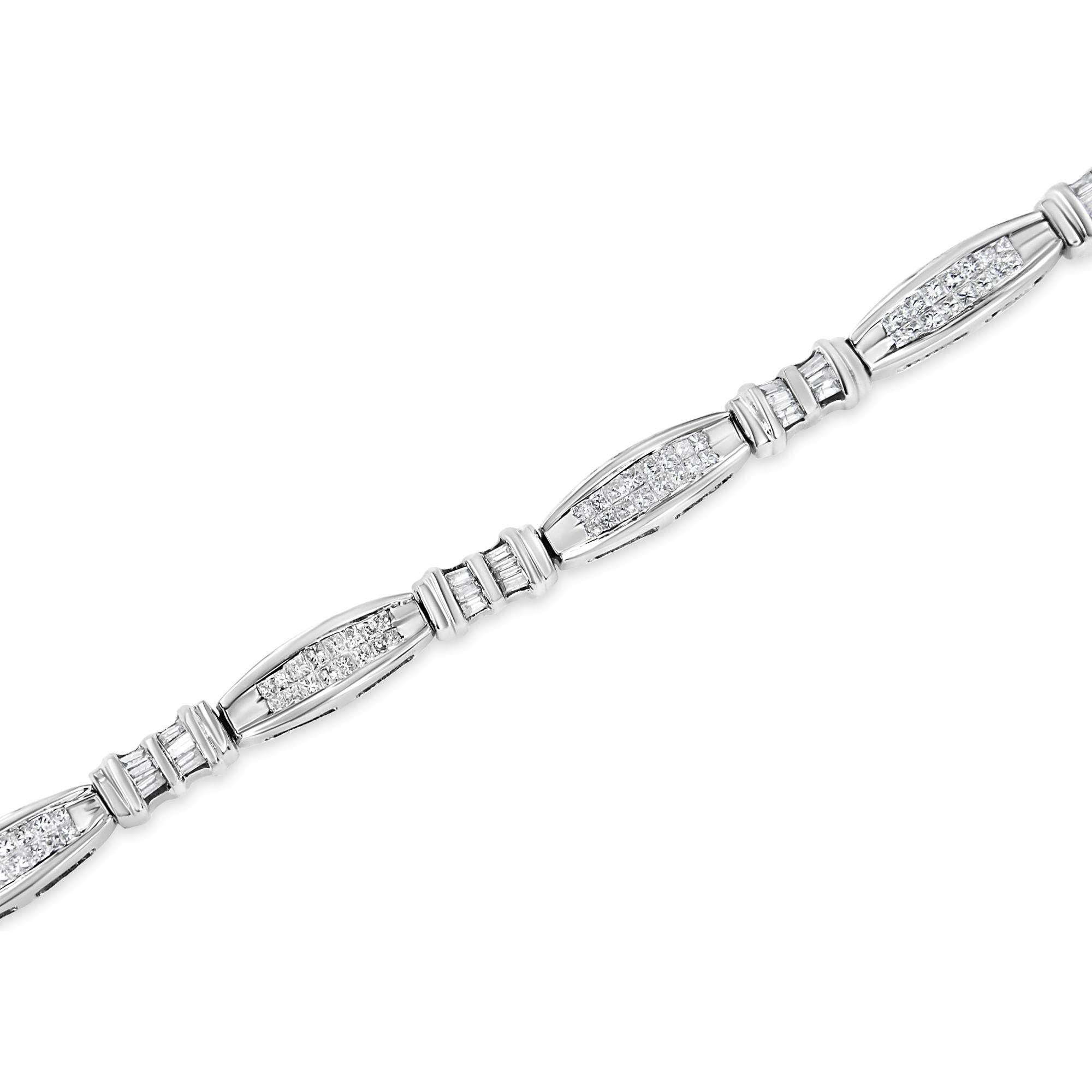 14K White Gold 2.0 Cttw Channel-Set Alternating Baguette and Princess-Cut Diamond Link Bracelet (H-I Color, SI2-I1 Clarity) - Size 7-2
