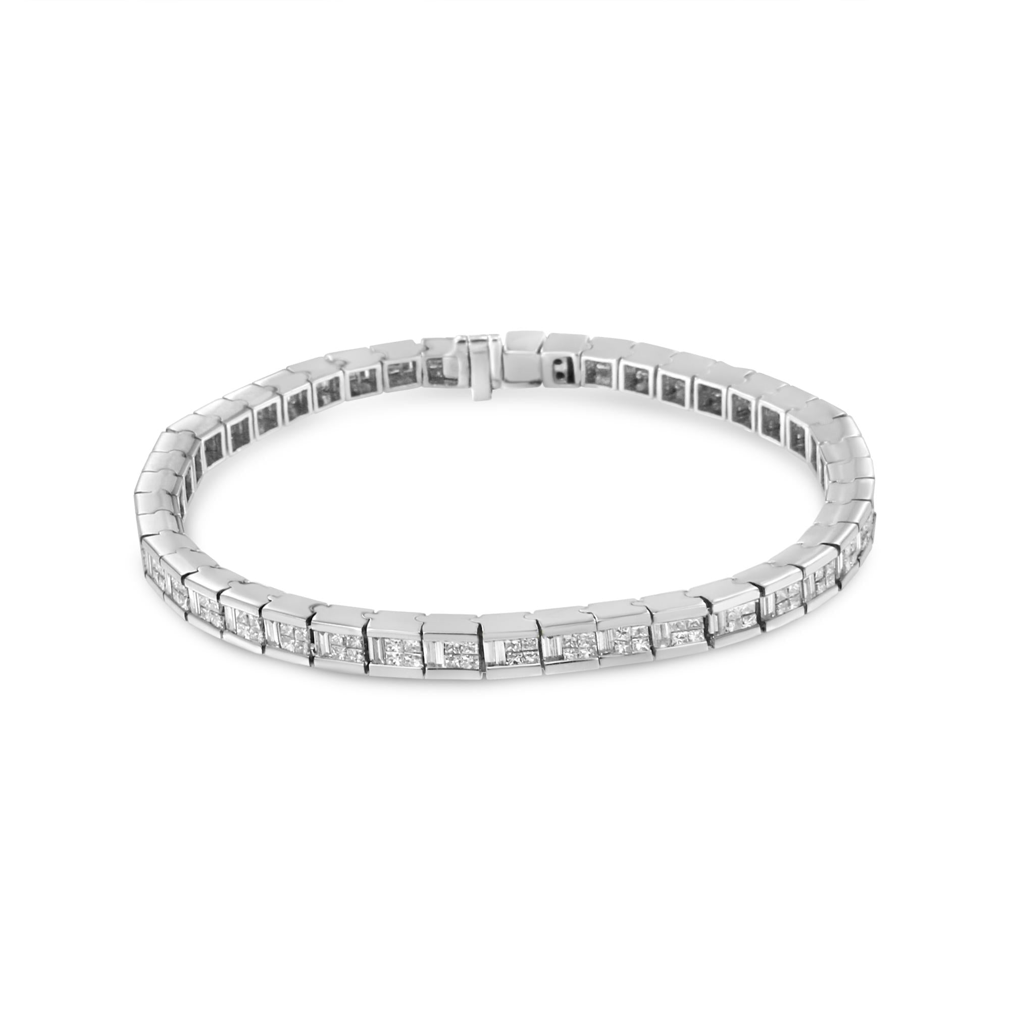 14K White Gold 4 3/8 Cttw Alternating Invisible Set Princess and Baguette Diamond Tennis Bracelet (G-H Color, VS1-VS2 Clarity) - Size 7"-2